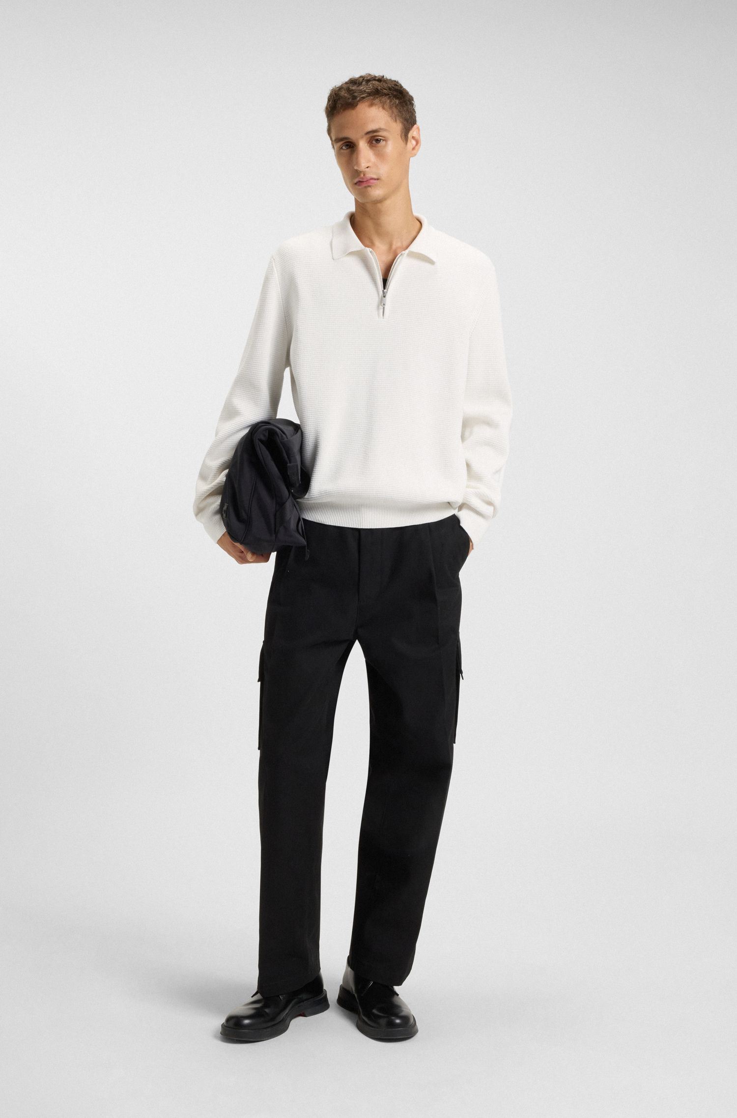 HUGO - Áo polo cổ kéo khóa vải interlock cotton