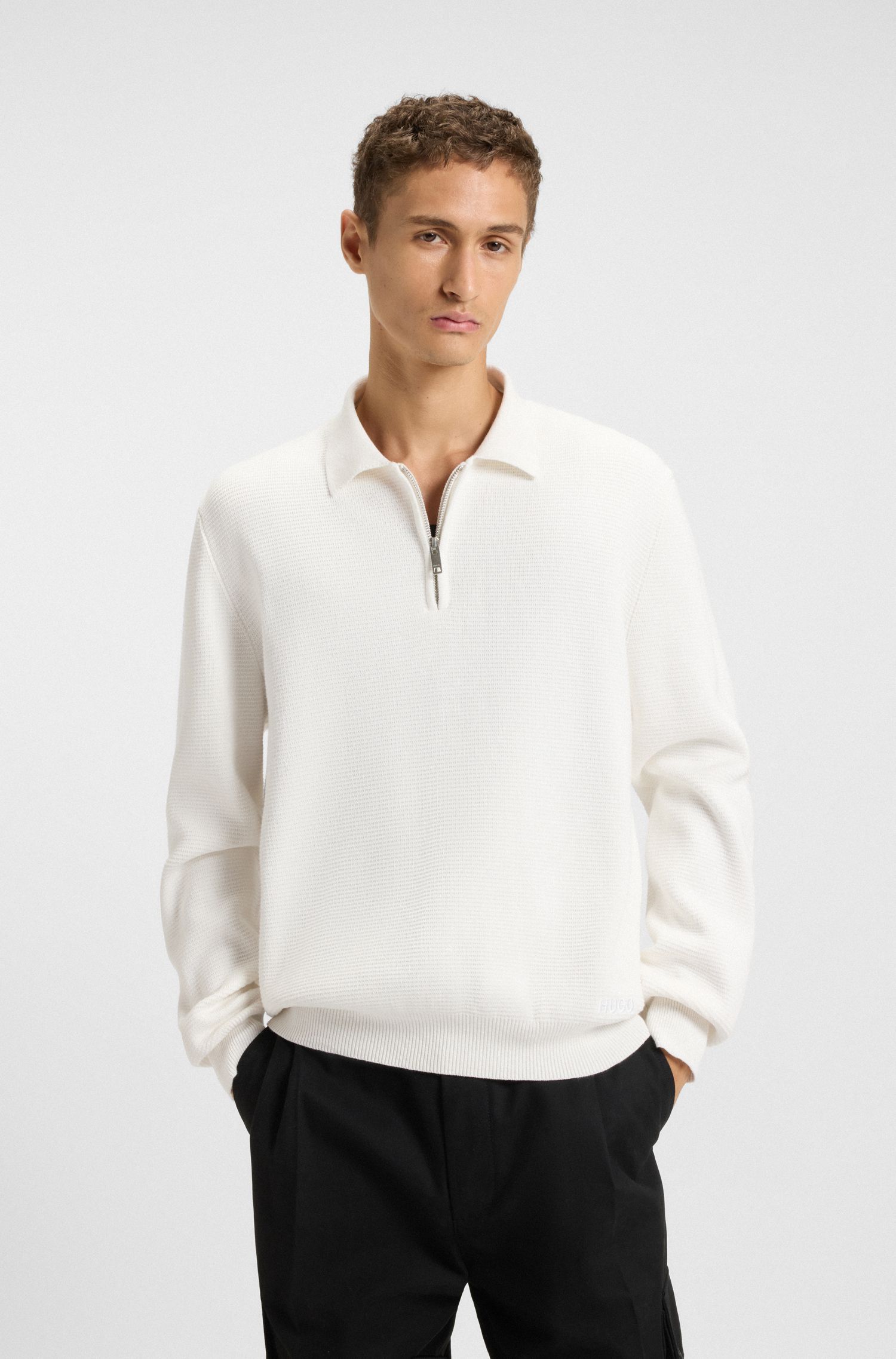 HUGO - Áo polo cổ kéo khóa vải interlock cotton