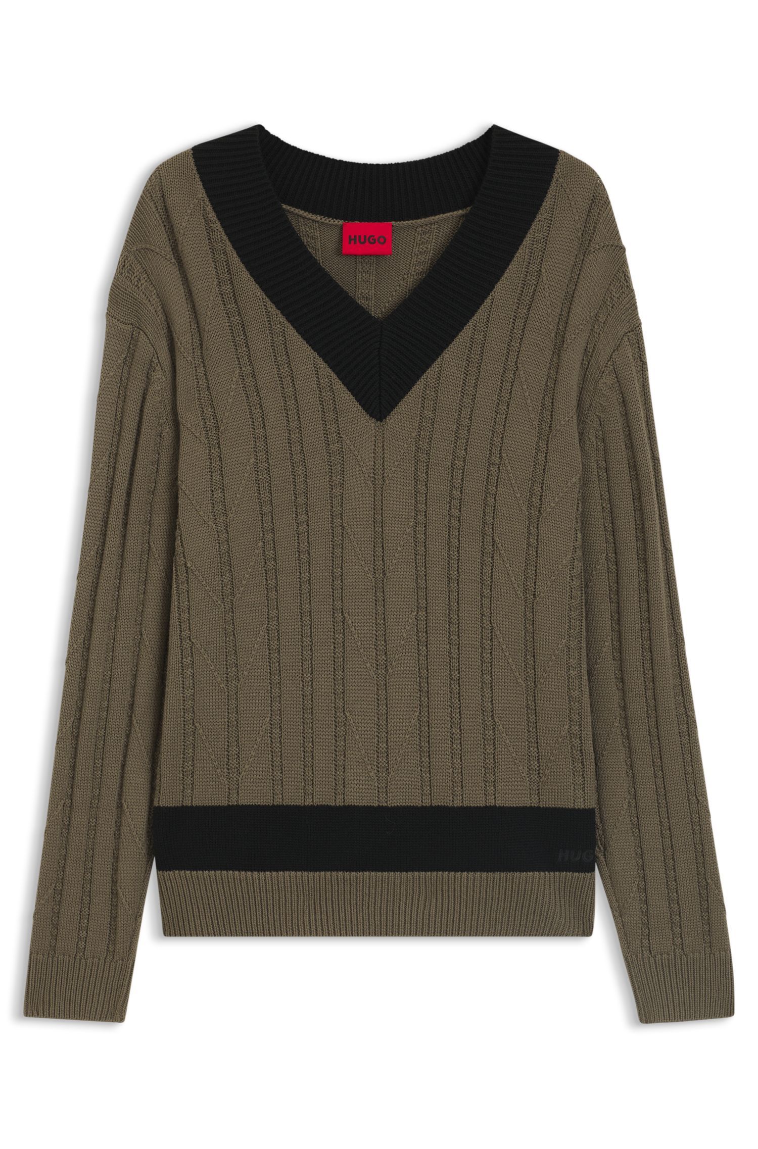 HUGO - Áo len oversized phối dệt kim, cổ chữ V viền tương phản