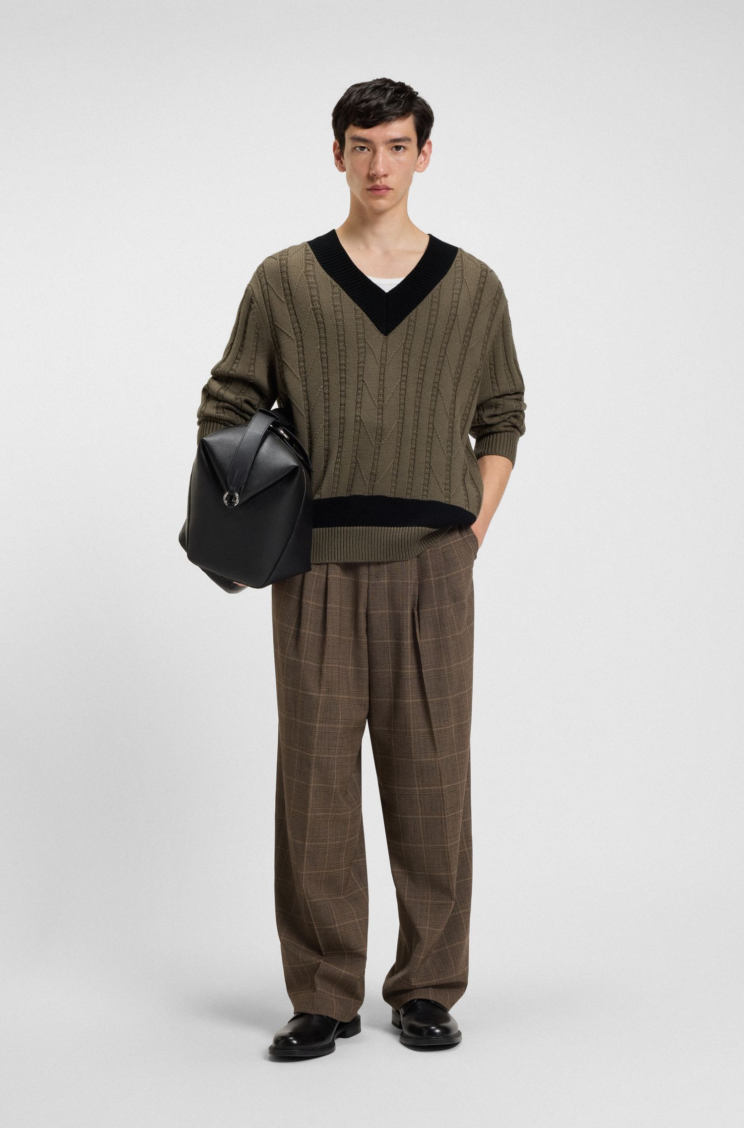 HUGO - Áo len oversized phối dệt kim, cổ chữ V viền tương phản