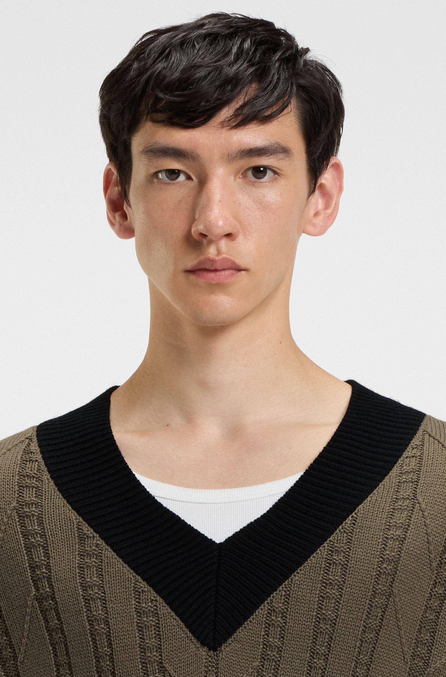 HUGO - Áo len oversized phối dệt kim, cổ chữ V viền tương phản