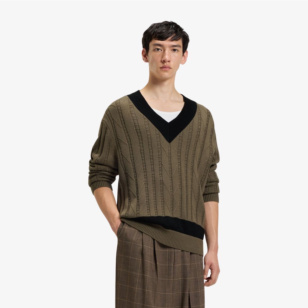 HUGO - Áo len oversized phối dệt kim, cổ chữ V viền tương phản