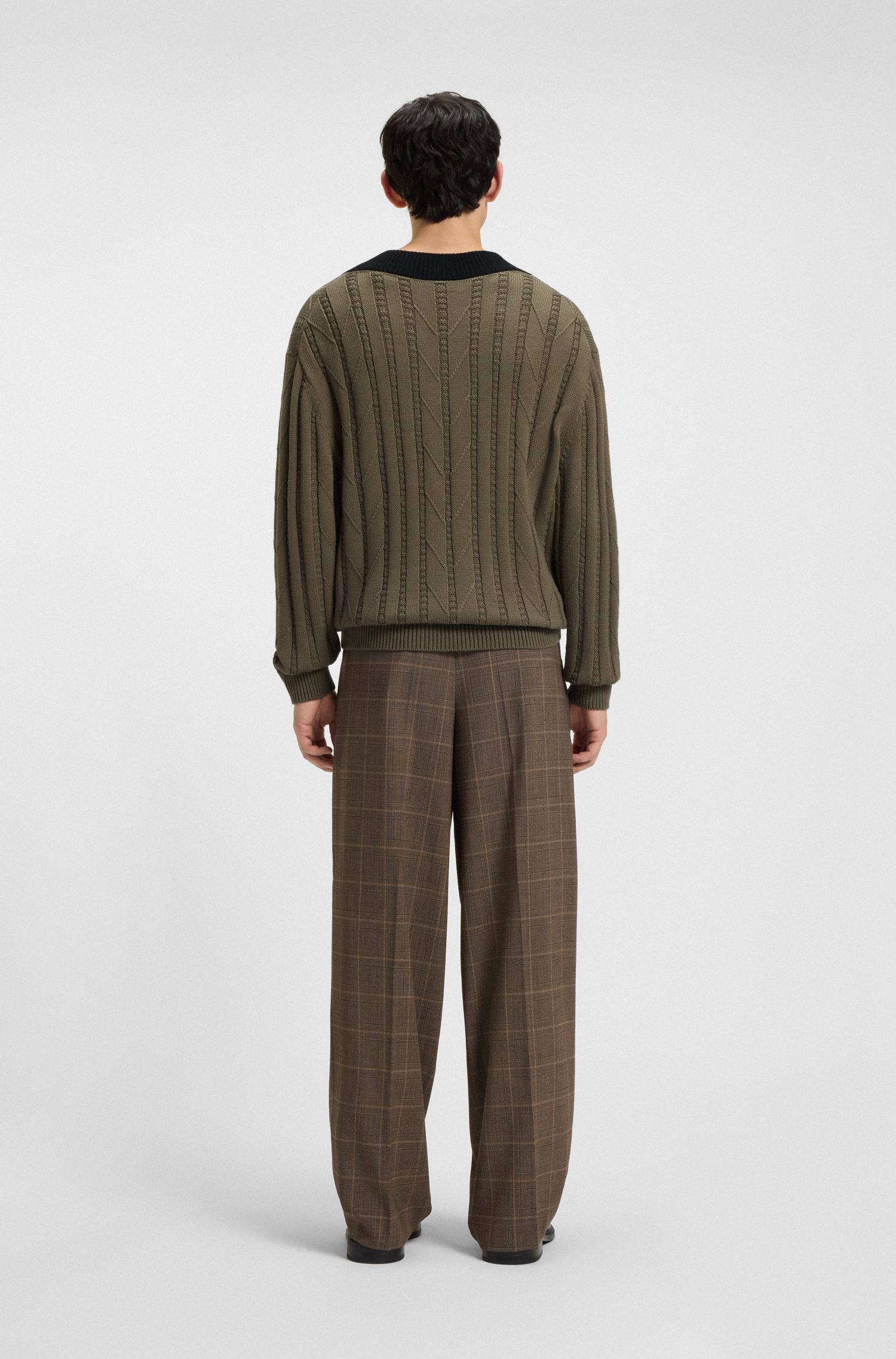 HUGO - Áo len oversized phối dệt kim, cổ chữ V viền tương phản