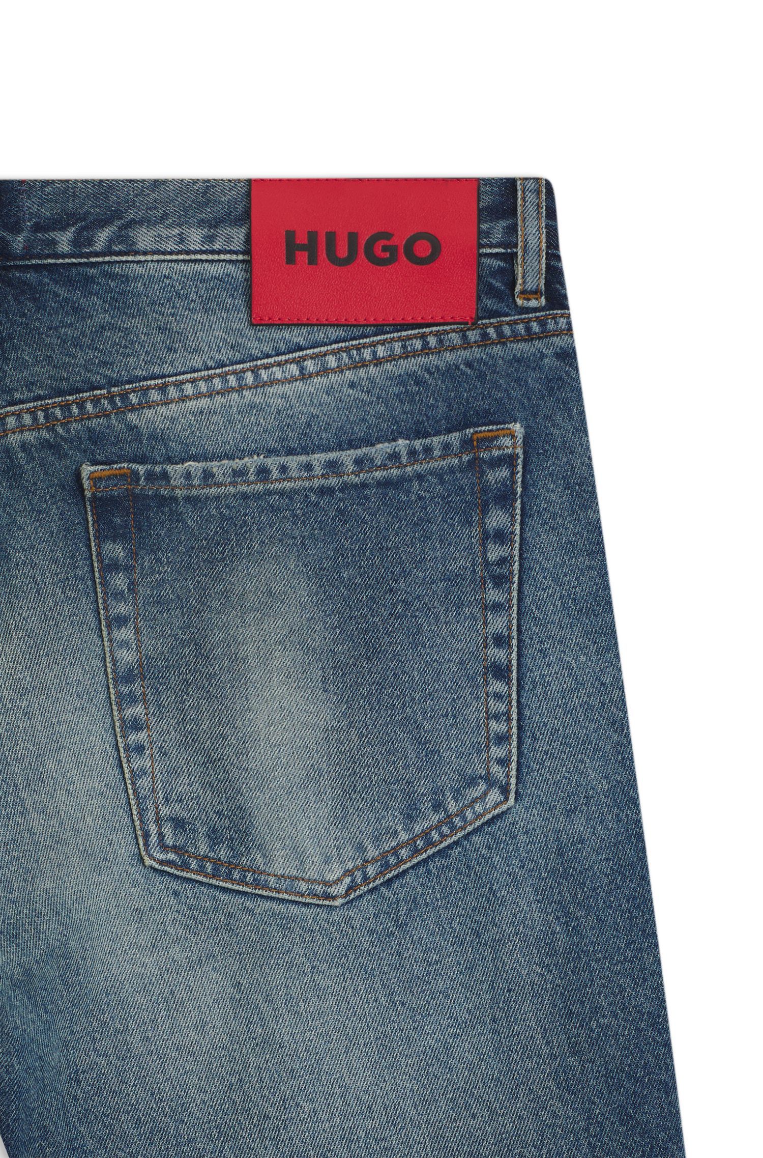HUGO - Quần jeans dáng tapered-fit denim xanh hiệu ứng sờn rách và bạc màu