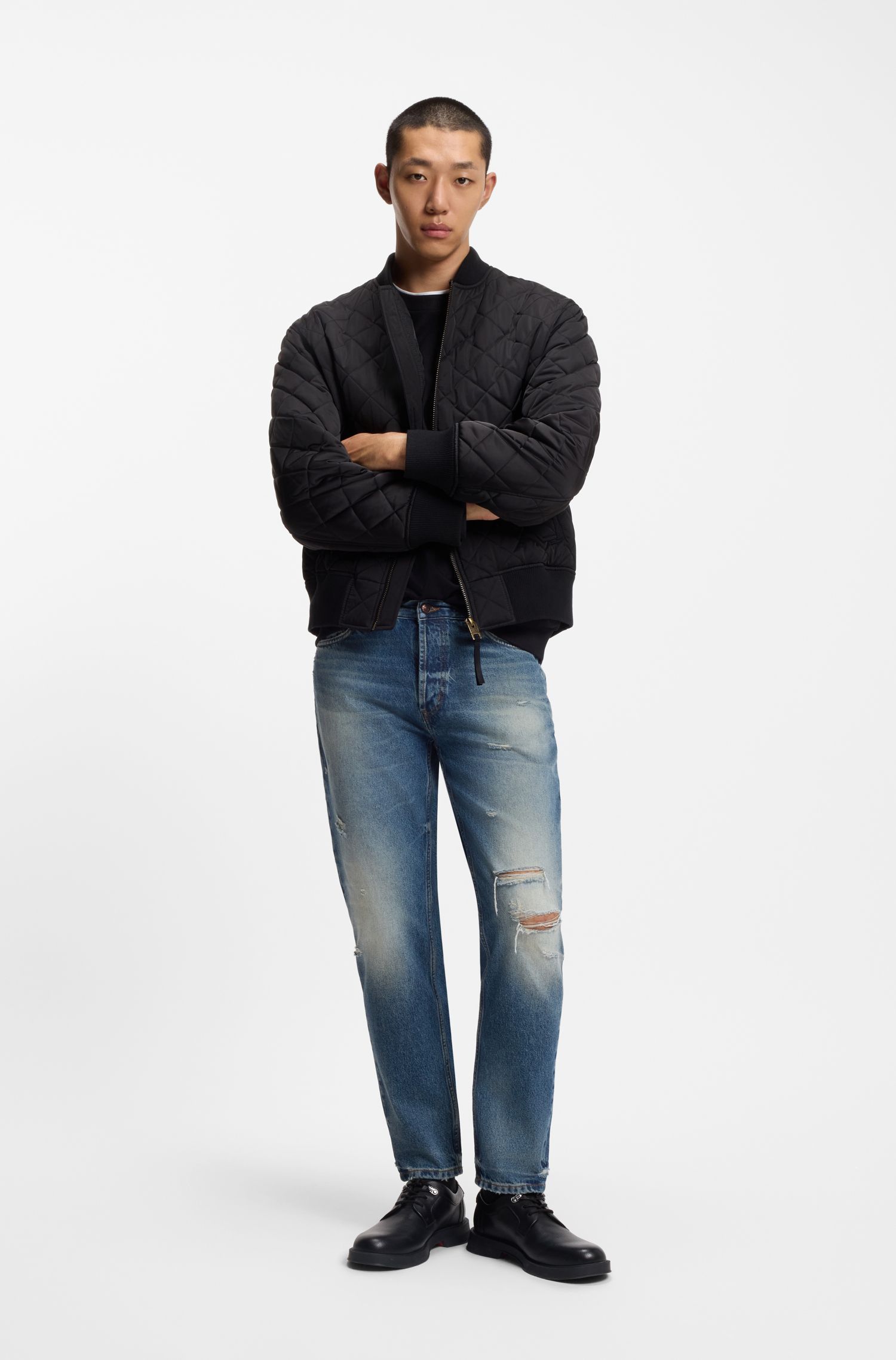 HUGO - Quần jeans dáng tapered-fit denim xanh hiệu ứng sờn rách và bạc màu