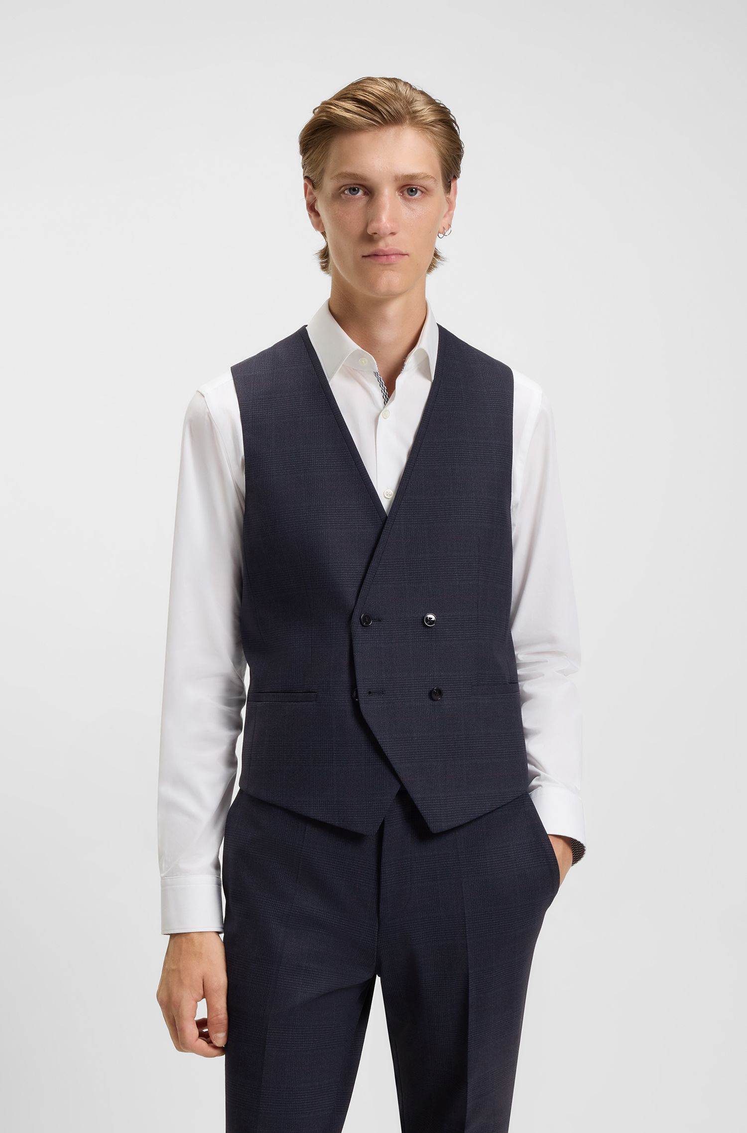 HUGO - Bộ suit 3 món đồ dáng extra-slim-fit vải họa tiết caro