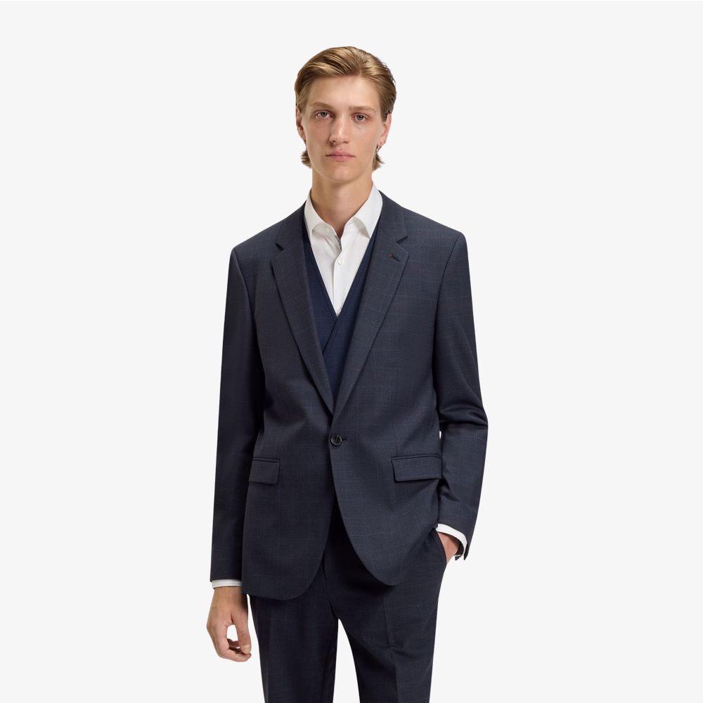 HUGO - Bộ suit 3 món đồ dáng extra-slim-fit vải họa tiết caro