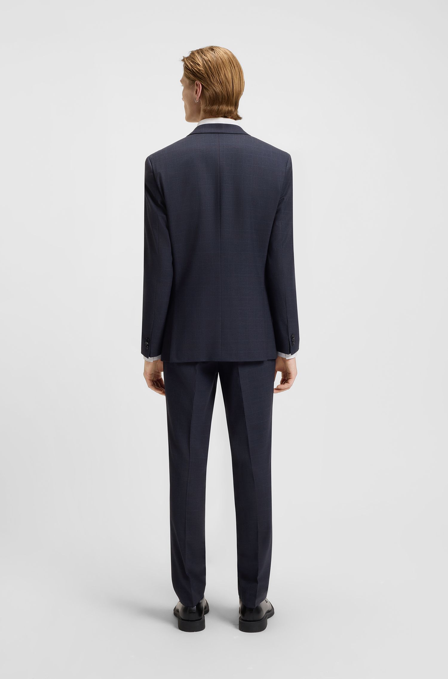 HUGO - Bộ suit 3 món đồ dáng extra-slim-fit vải họa tiết caro