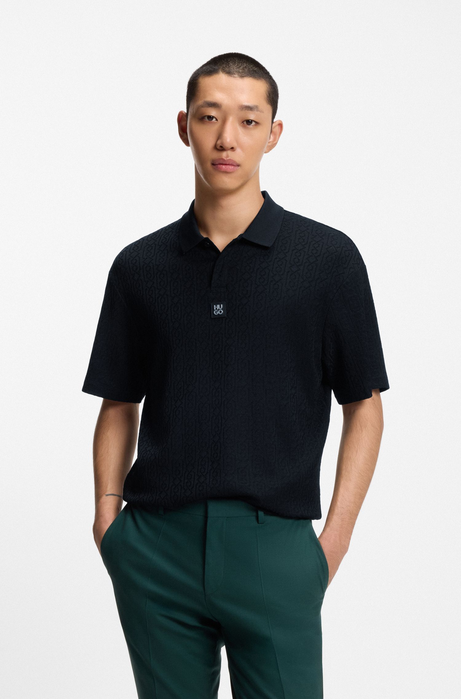 HUGO - Áo polo dáng relaxed-fit với họa tiết jacquard