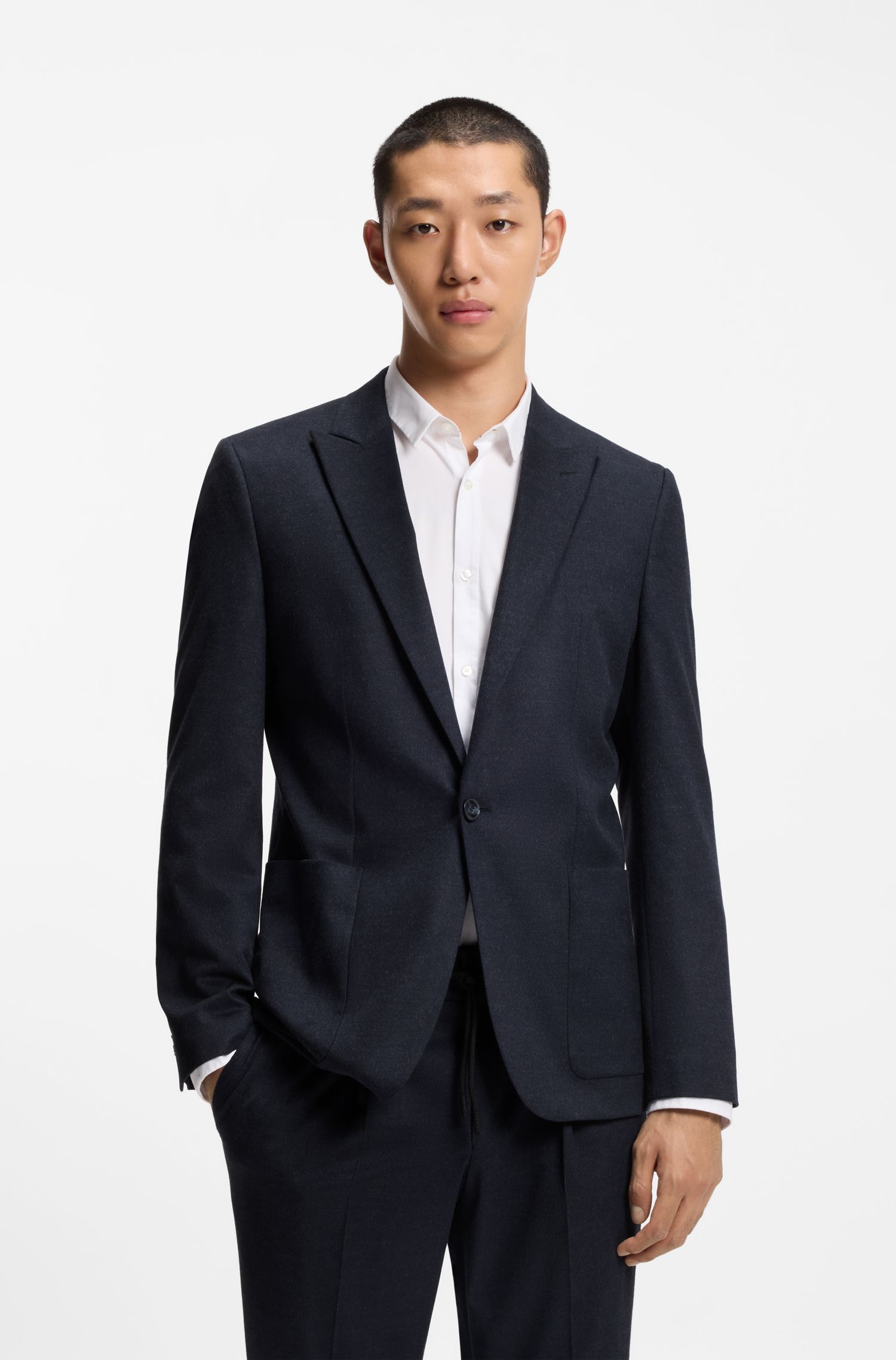 HUGO - Áo blazer dáng extra-slim-fit vải flannel melange co giãn hiệu suất cao