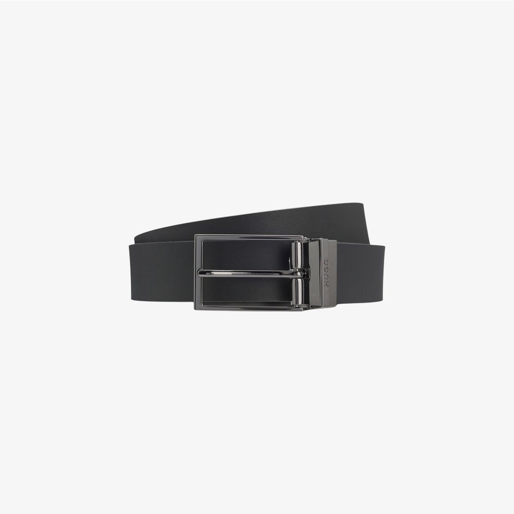 HUGO - Thắt lưng da với đai giữ khắc logo màu gunmetal