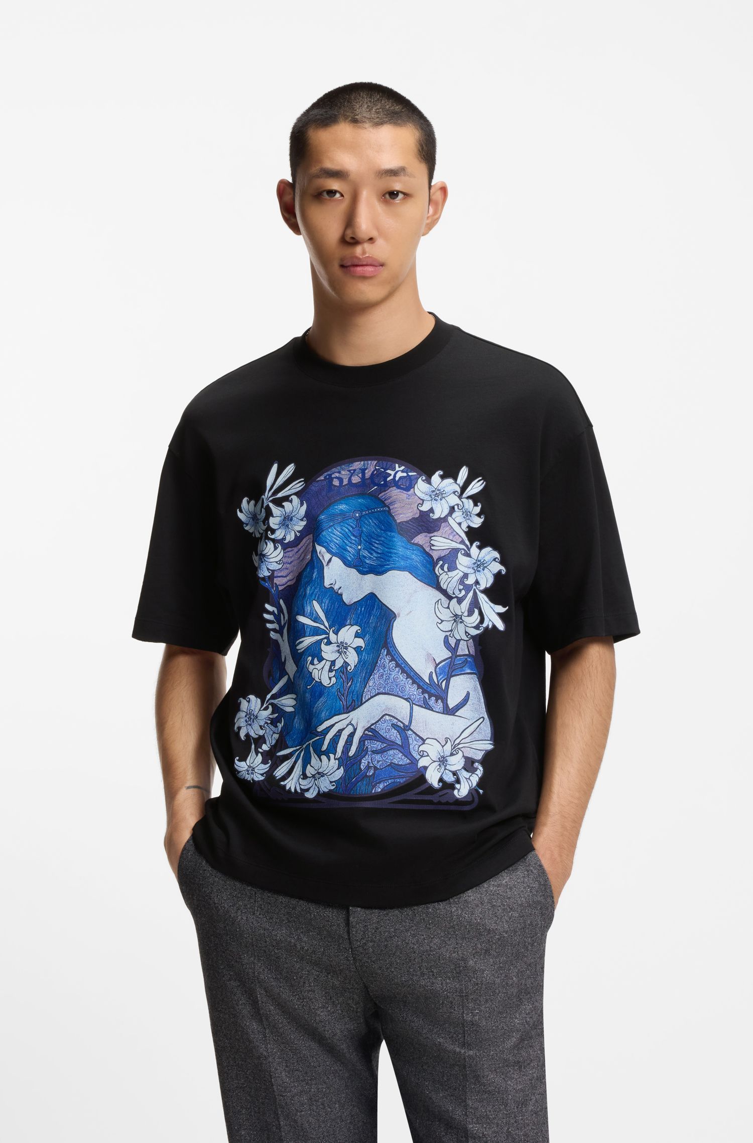 HUGO - Áo thun cotton jersey in họa tiết hoa