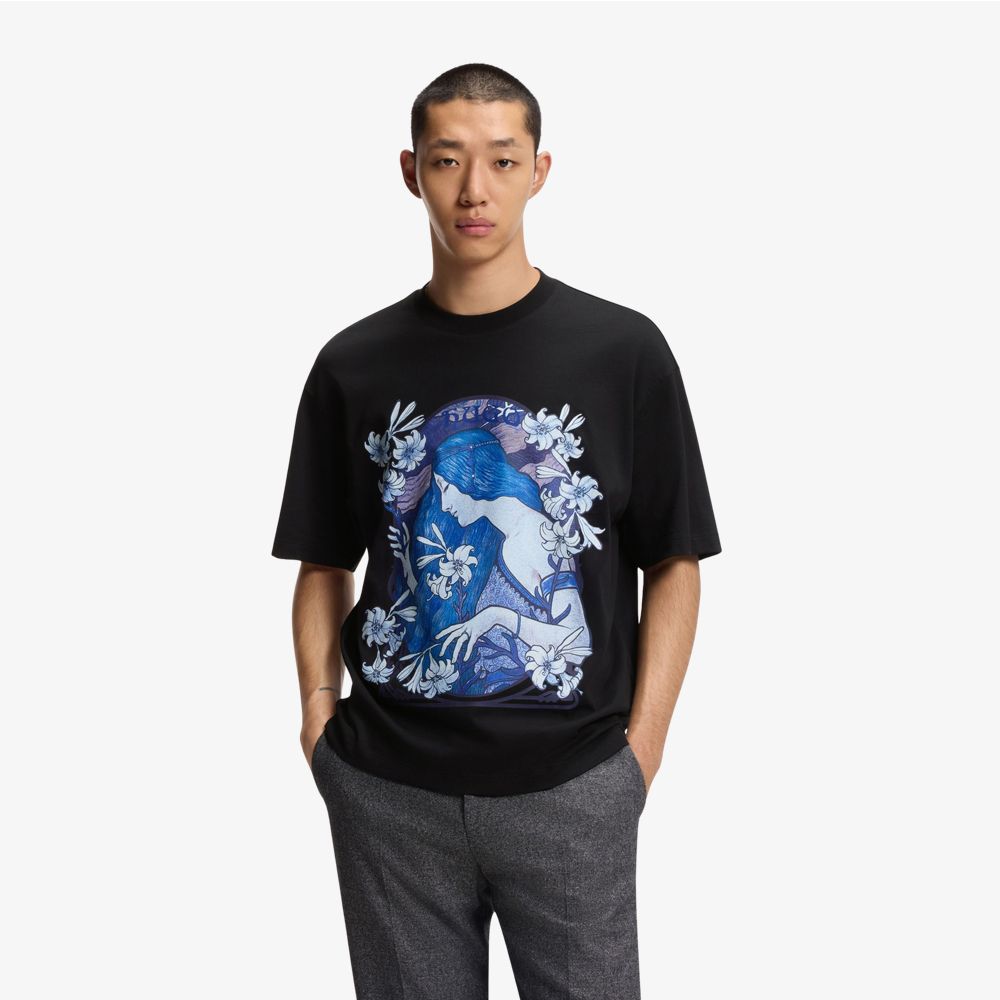 HUGO - Áo thun cotton jersey in họa tiết hoa
