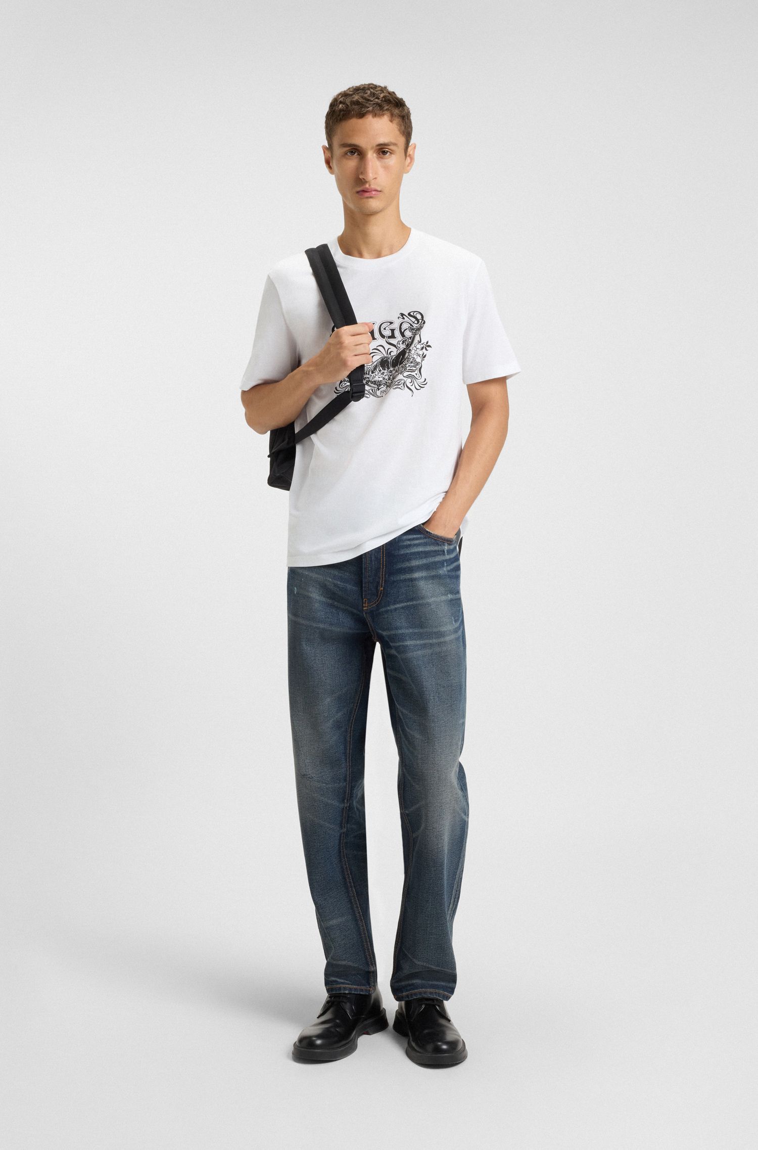HUGO - Áo thun cotton jersey in họa tiết logo