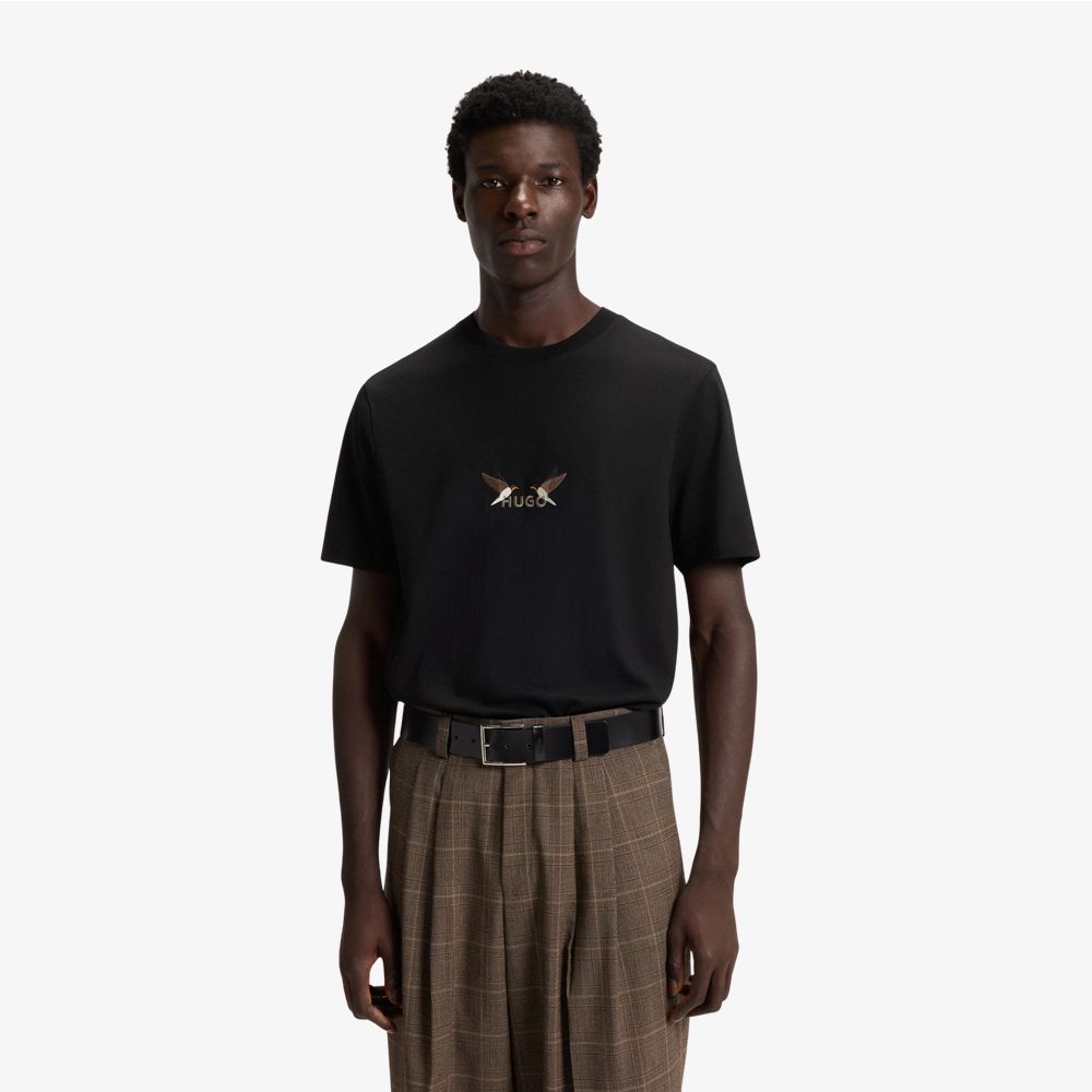 HUGO - Áo thun cotton jersey in logo thêu nghệ thuật