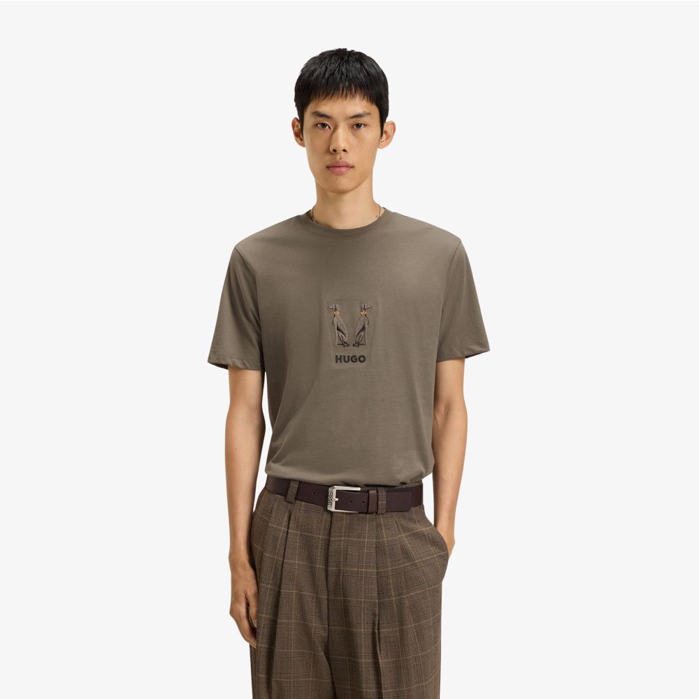 HUGO - Áo thun cotton jersey in logo thêu nghệ thuật