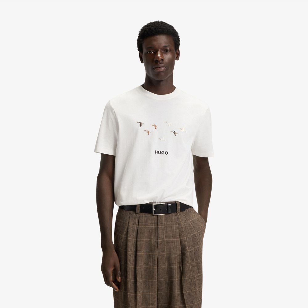HUGO - Áo thun cotton jersey in logo thêu nghệ thuật