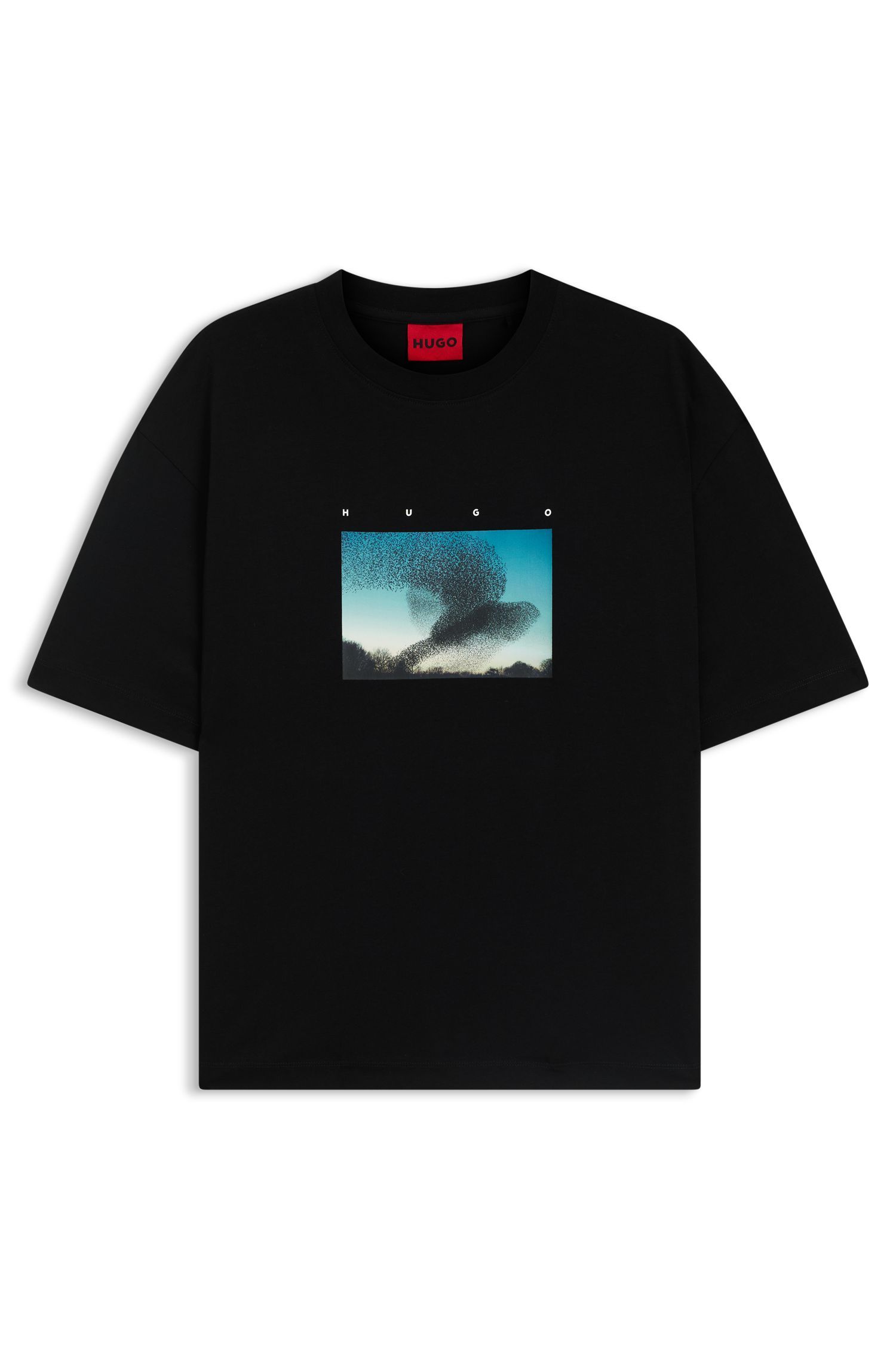 HUGO - Áo thun cotton jersey in họa tiết chim bay