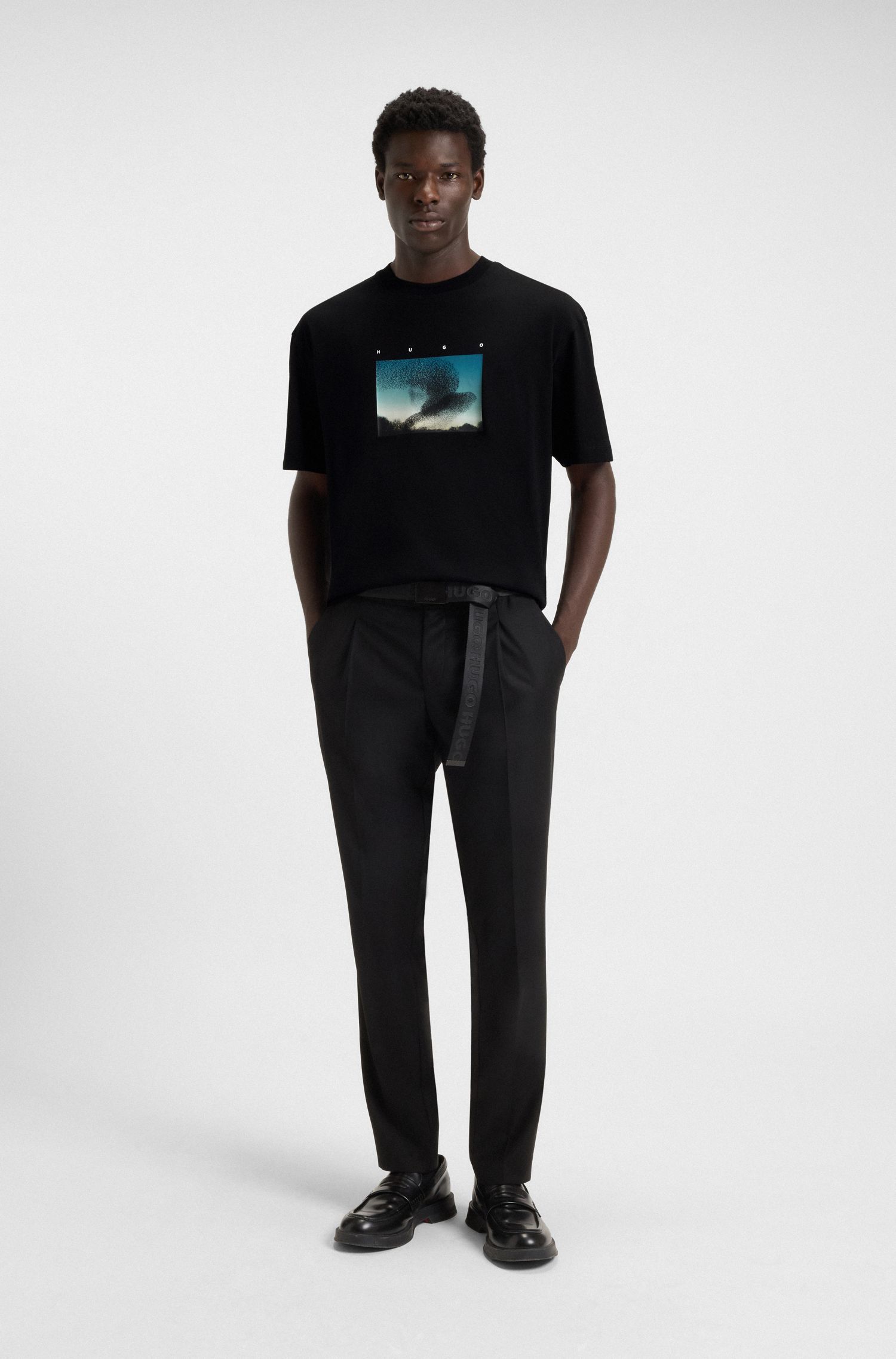HUGO - Áo thun cotton jersey in họa tiết chim bay