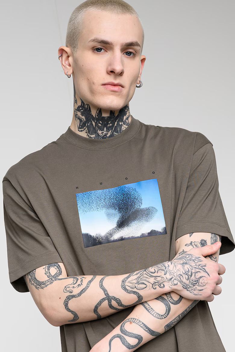 HUGO - Áo thun cotton jersey in họa tiết chim bay