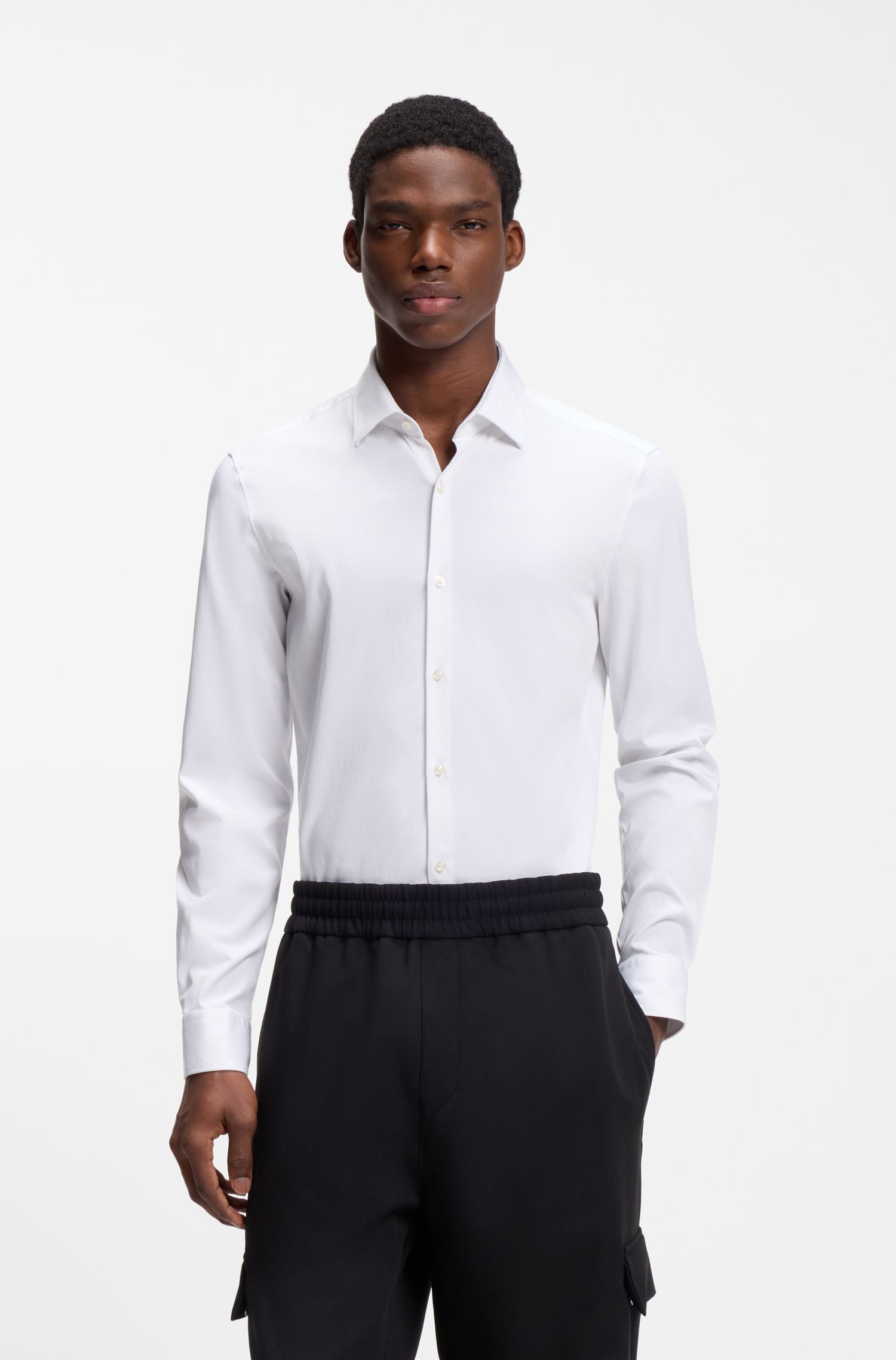 HUGO - Áo sơ mi slim-fit vải chéo co giãn
