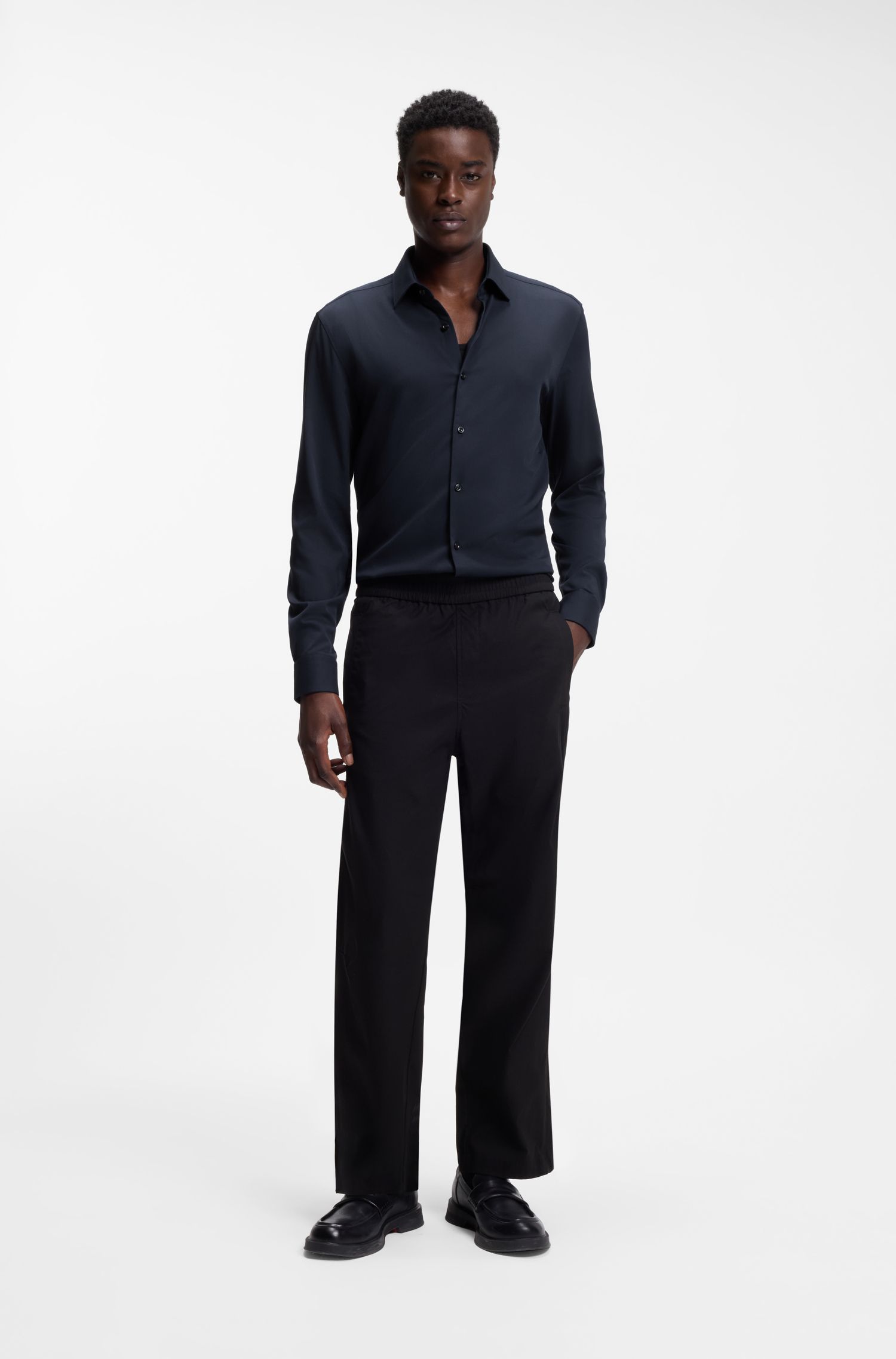 HUGO - Áo sơ mi slim-fit vải chéo co giãn