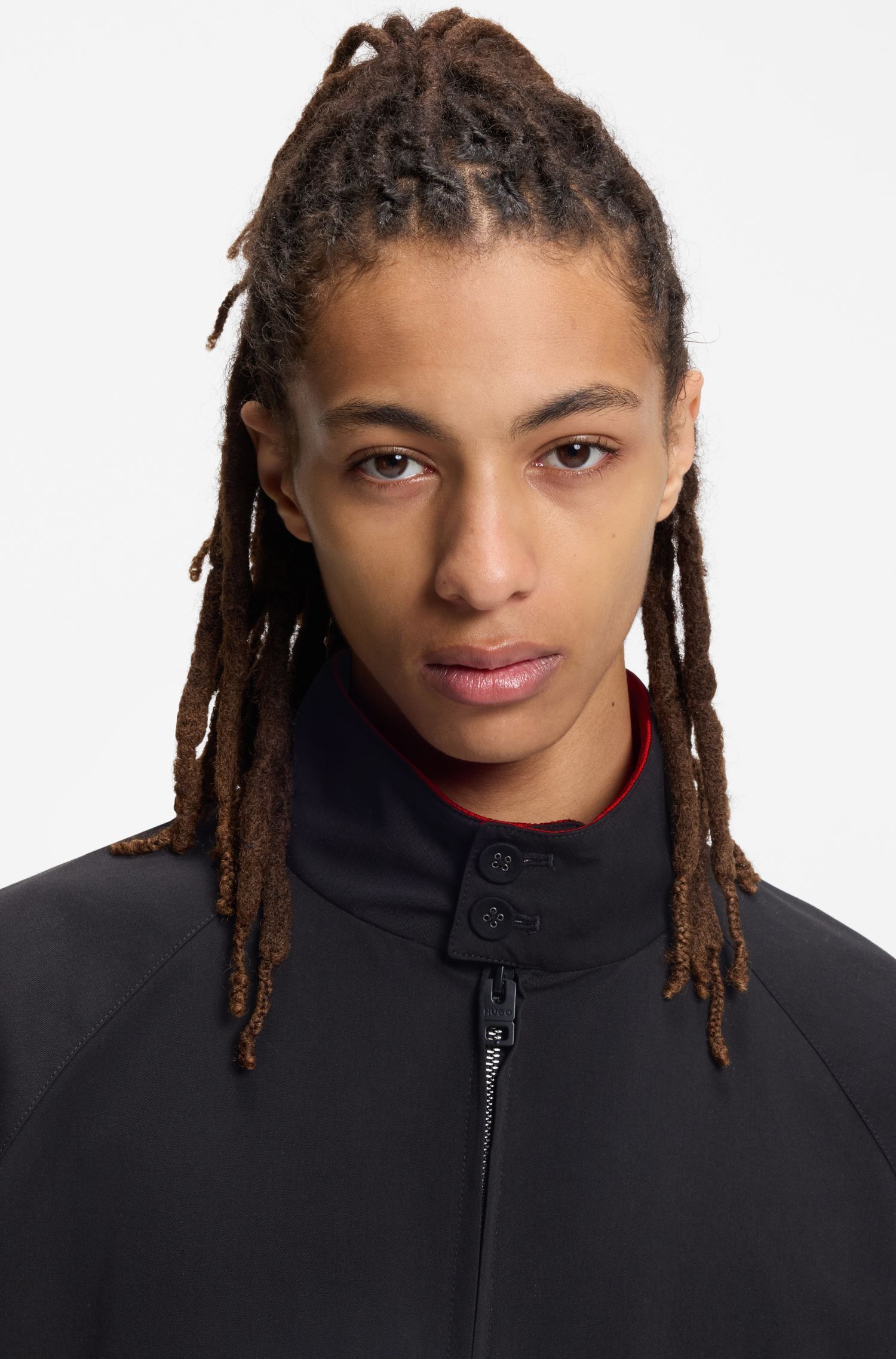 HUGO - Áo khoác bomber vải chéo với cổ đứng cài nút