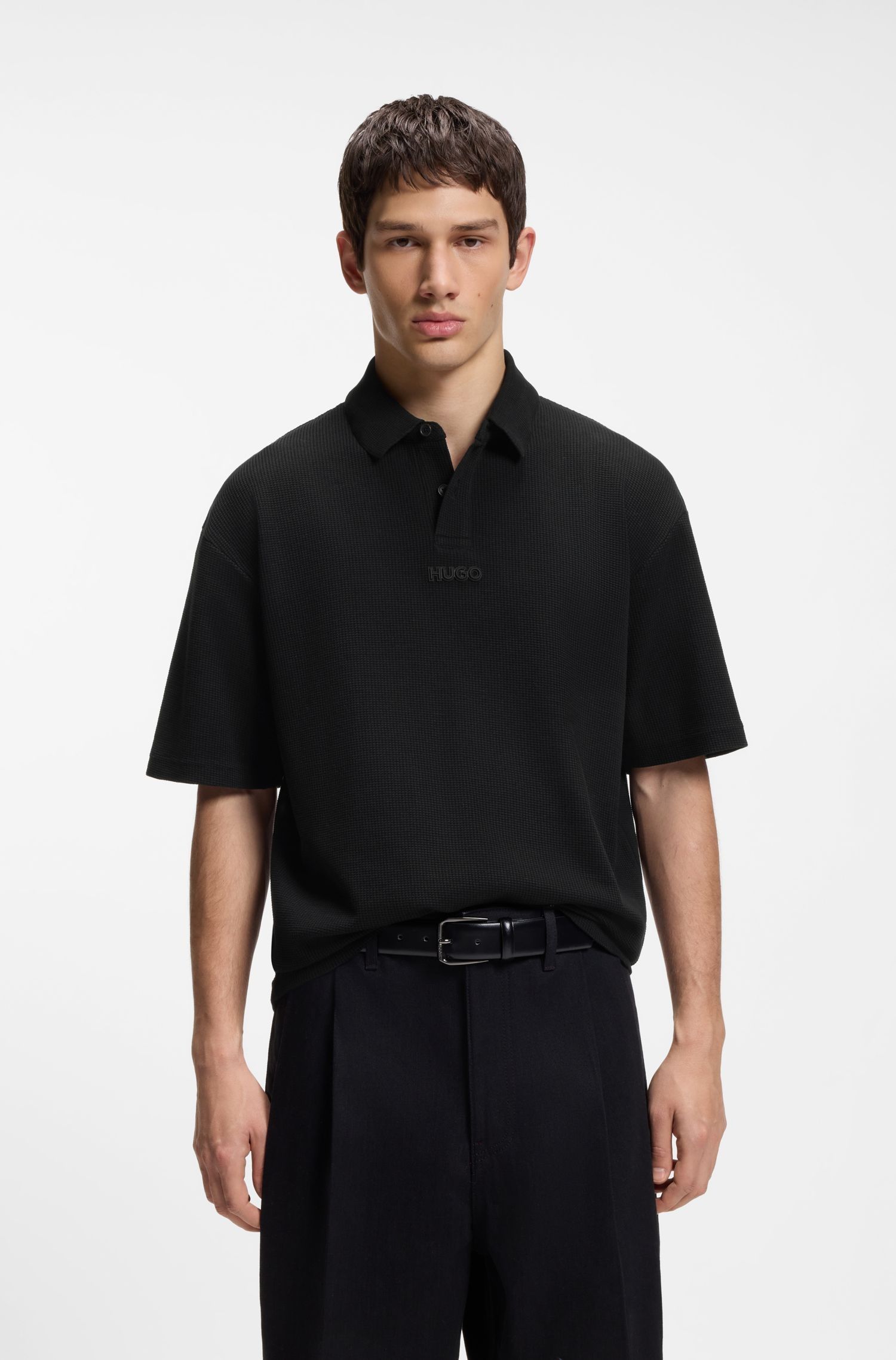 HUGO - Áo polo dệt kiểu waffle bằng chất liệu cotton.