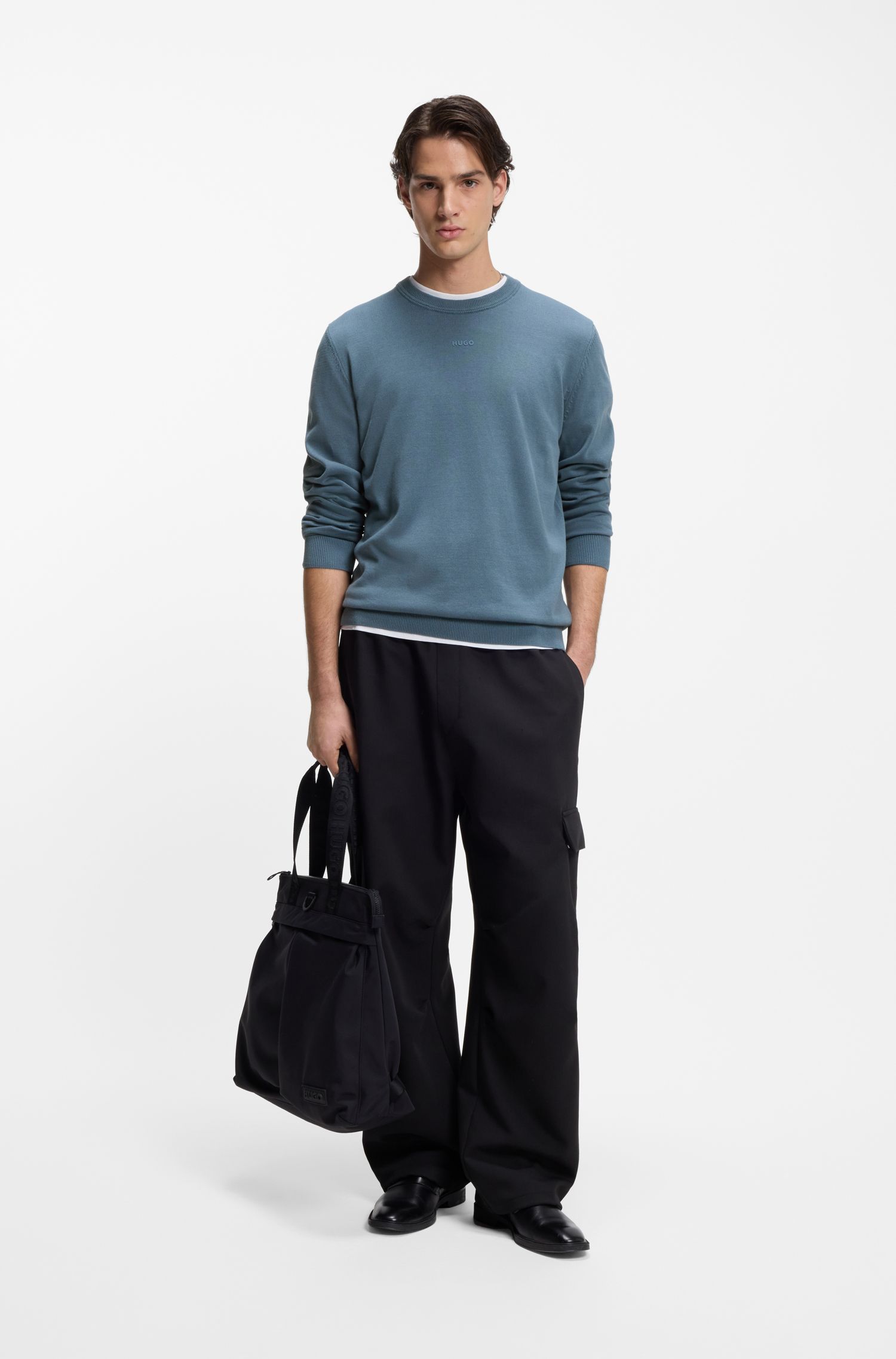HUGO - Áo len cotton slim fit logo