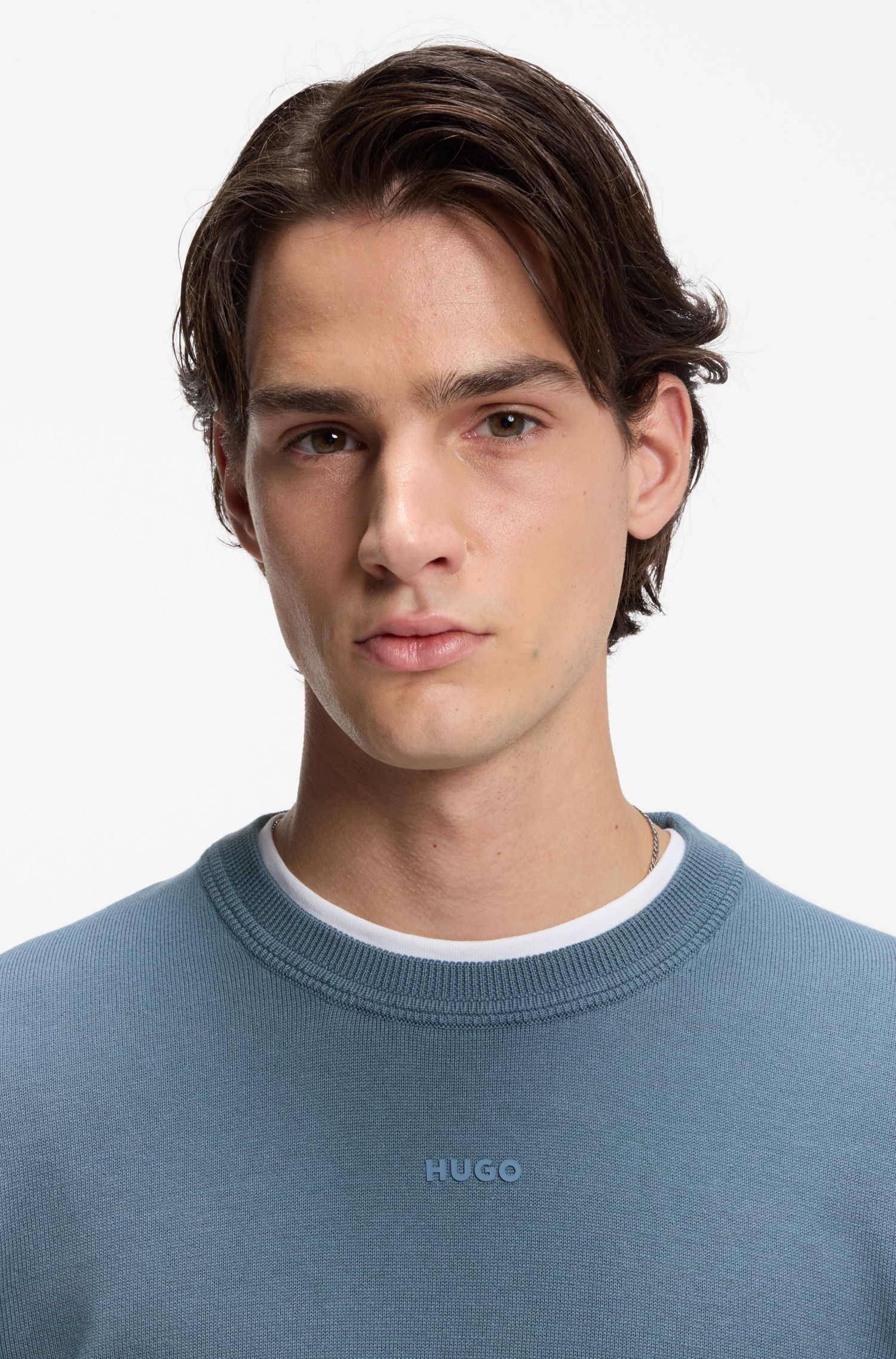 HUGO - Áo len cotton slim fit logo