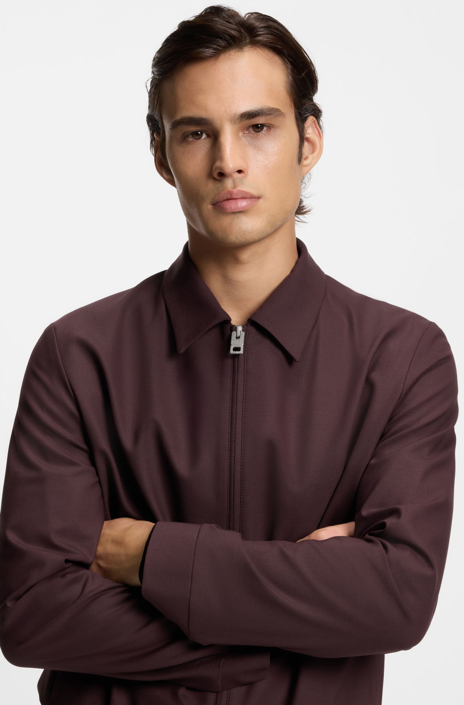 HUGO - Áo khoác slim-fit vải poplin pha len