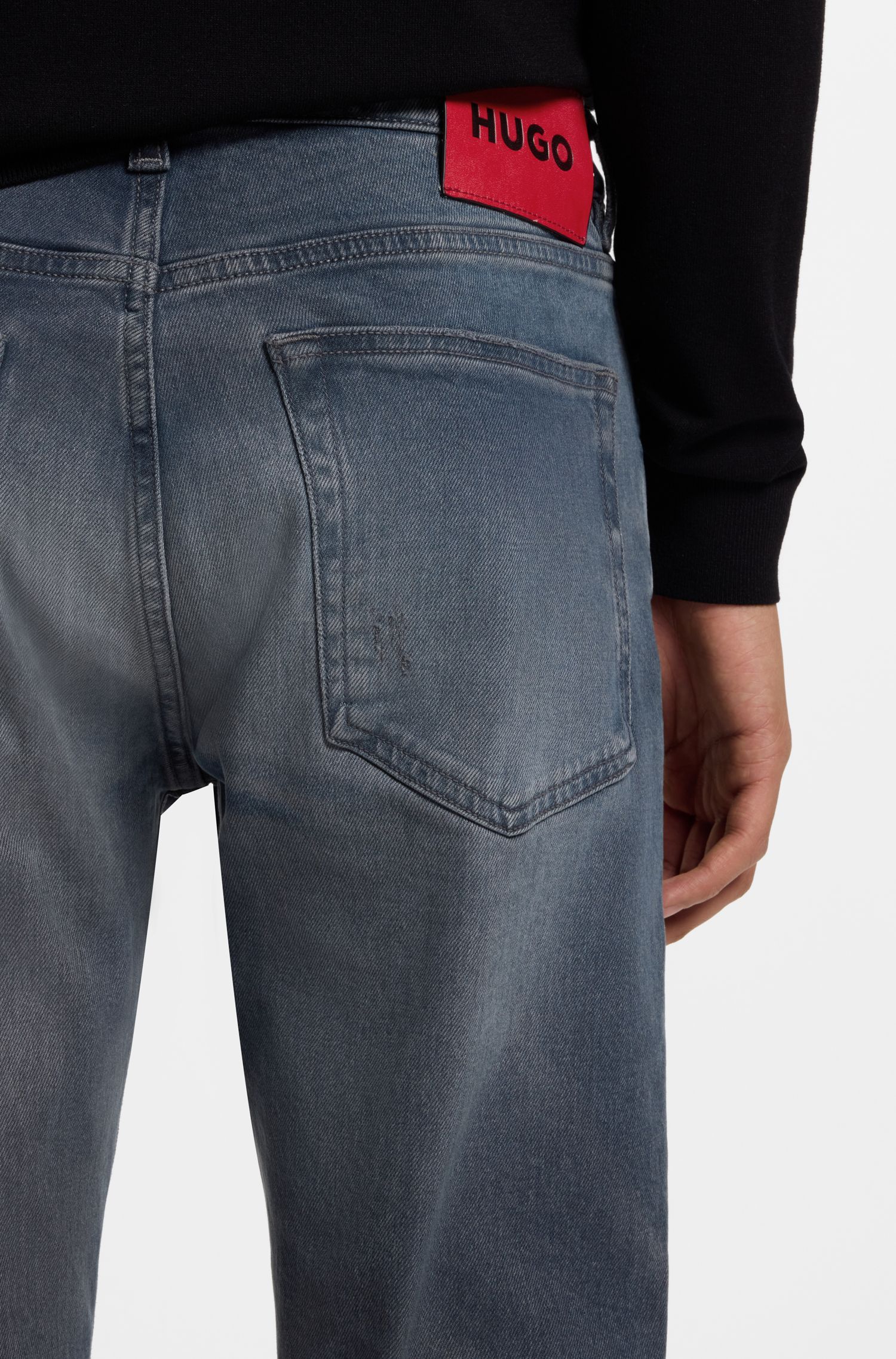 HUGO - Quần jeans extra-slim-fit  màu xanh tro, denim co giãn