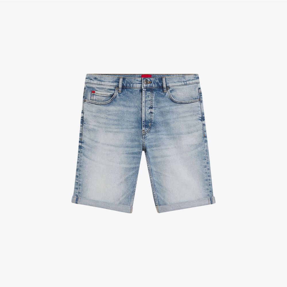 HUGO - Quần short denim co giãn màu xanh dương sáng