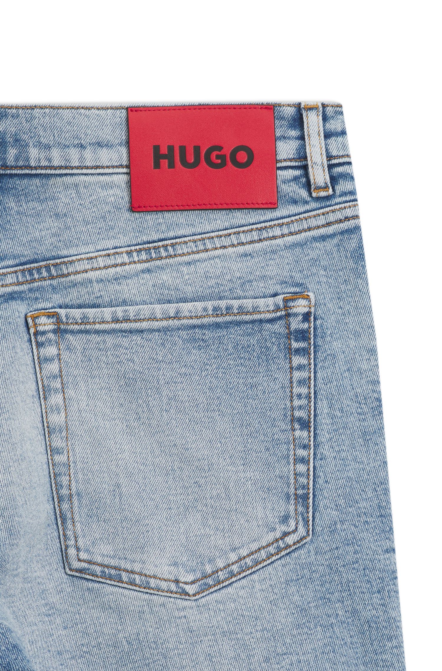 HUGO - Quần short denim co giãn màu xanh dương sáng