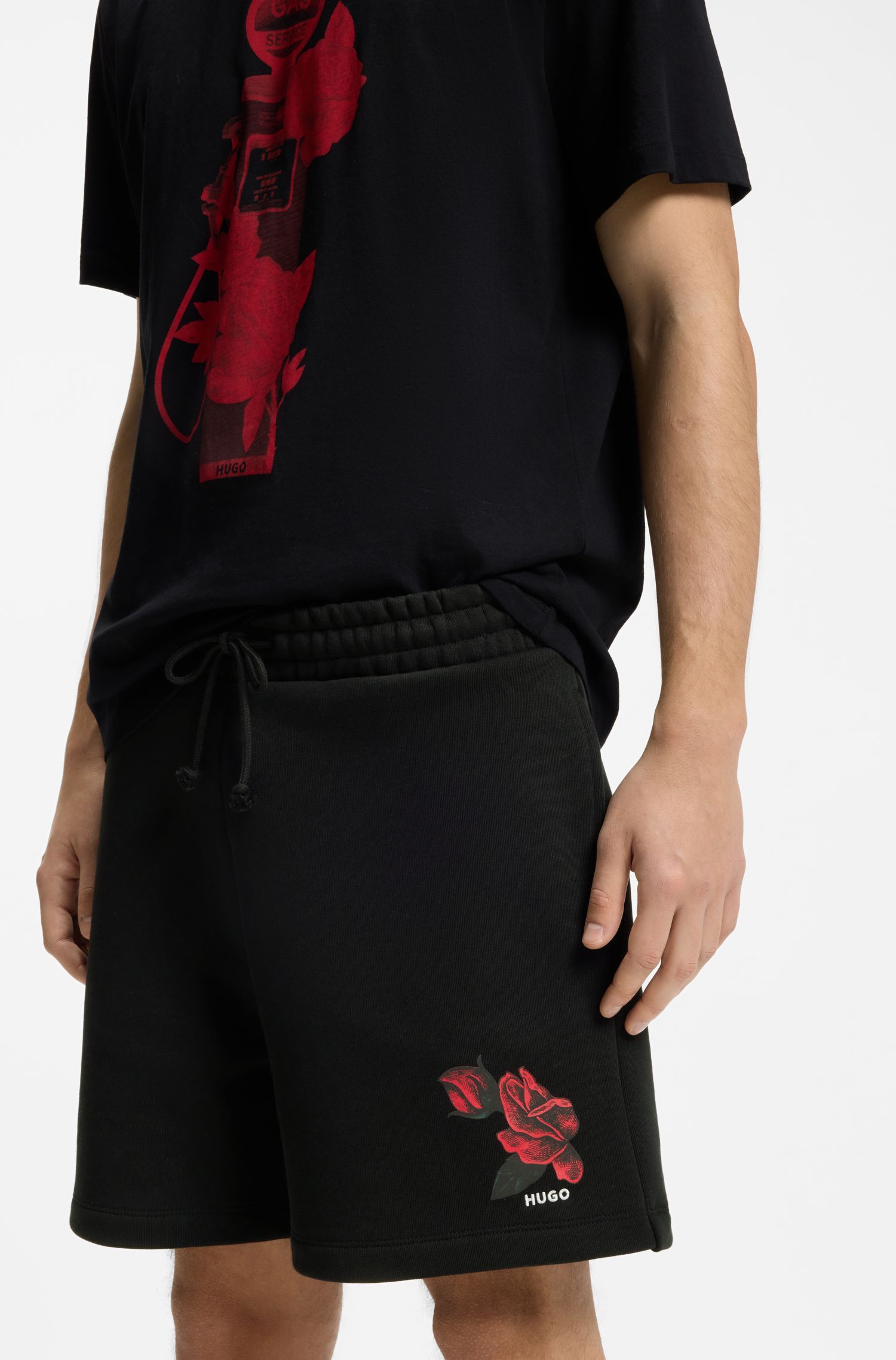 HUGO - Quần short vải bông mềm mại, in hình hoa hồng
