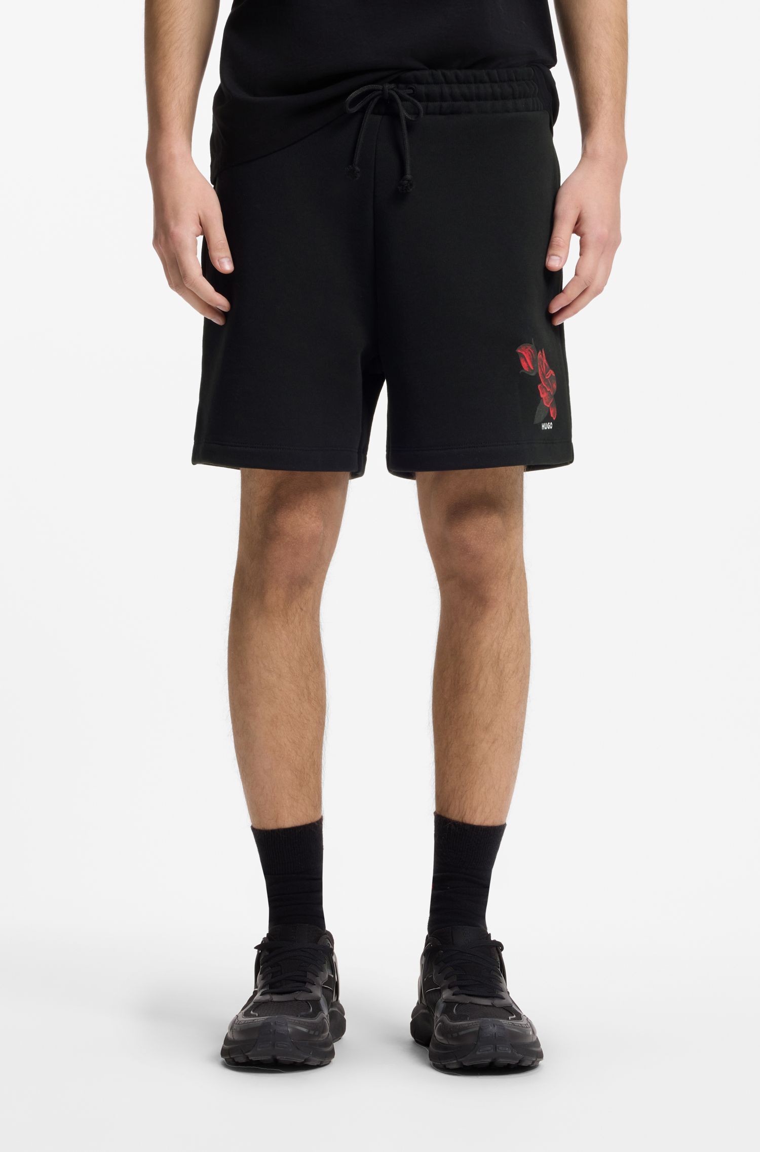 HUGO - Quần short vải bông mềm mại, in hình hoa hồng