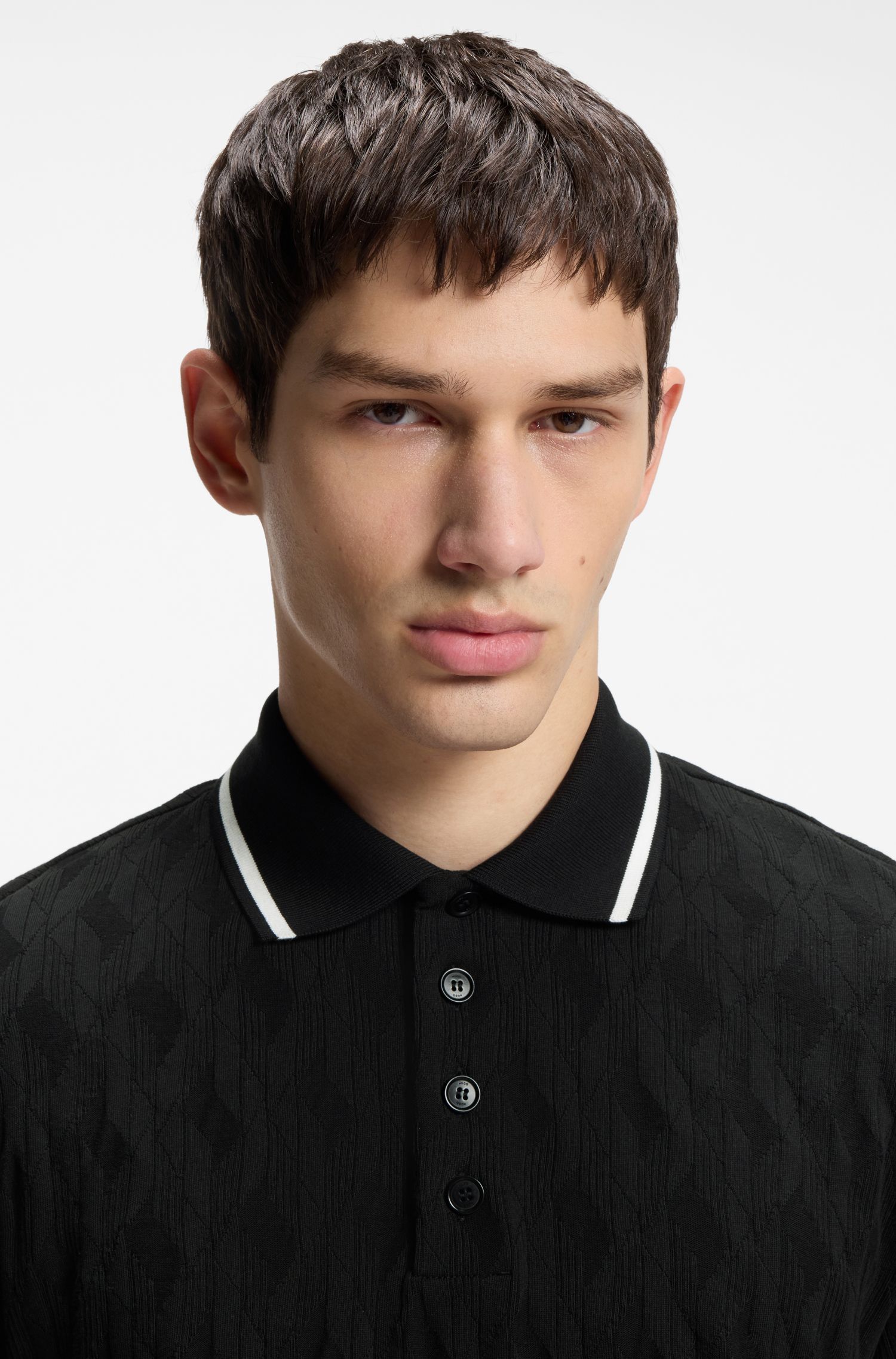 HUGO - Áo polo cổ sọc bằng vải jacquard cotton