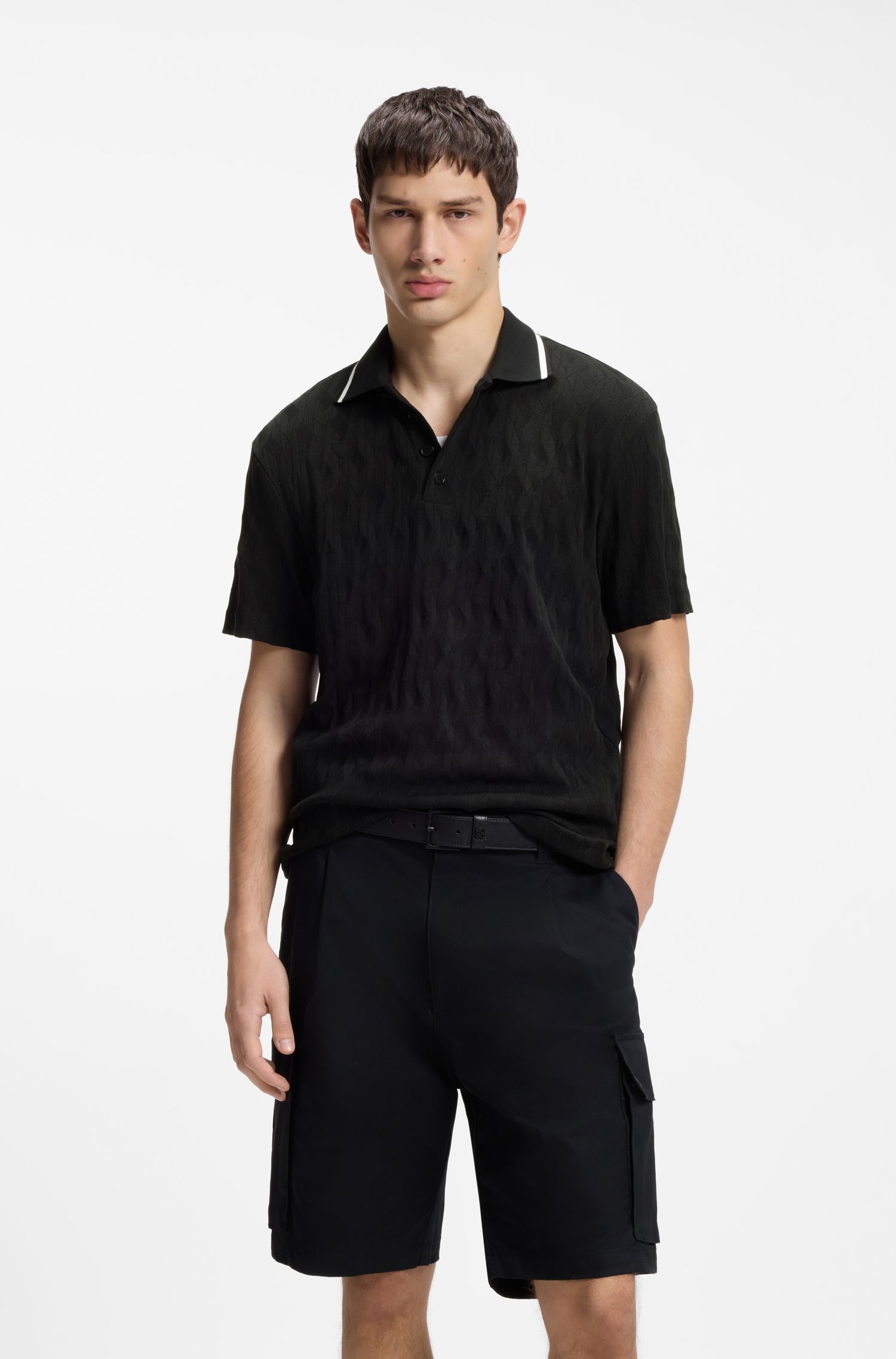 HUGO - Áo polo cổ sọc bằng vải jacquard cotton