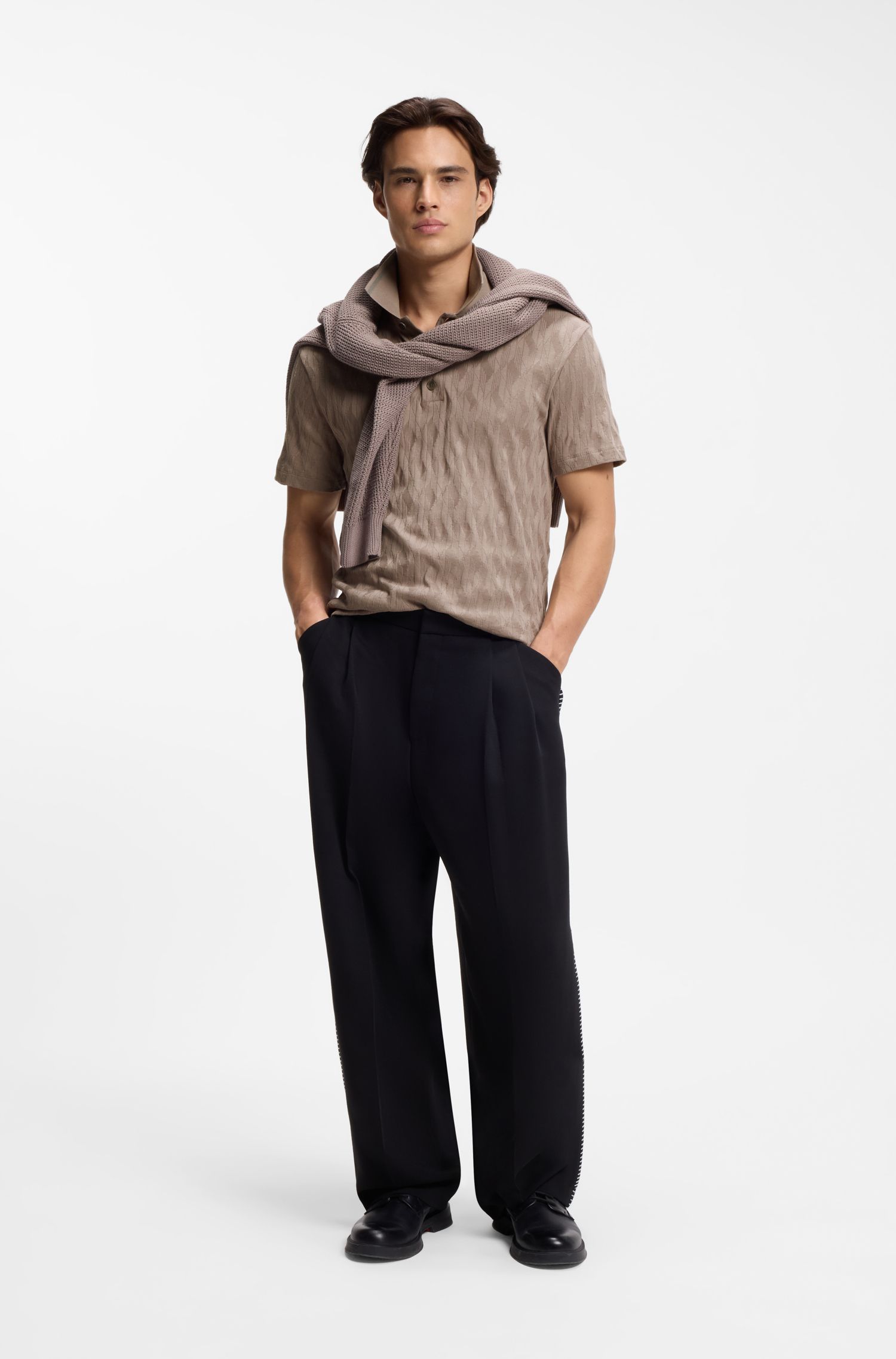 HUGO - Áo polo cổ sọc bằng vải jacquard cotton