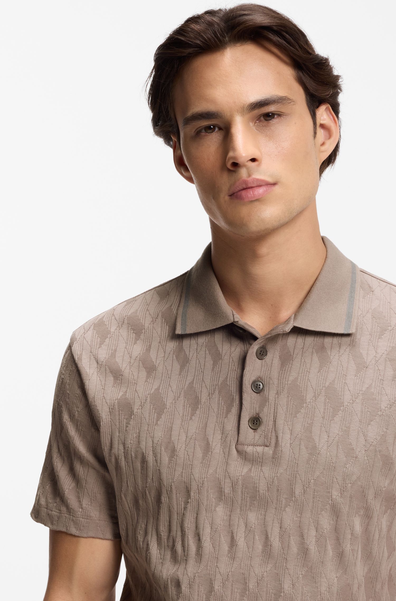 HUGO - Áo polo cổ sọc bằng vải jacquard cotton