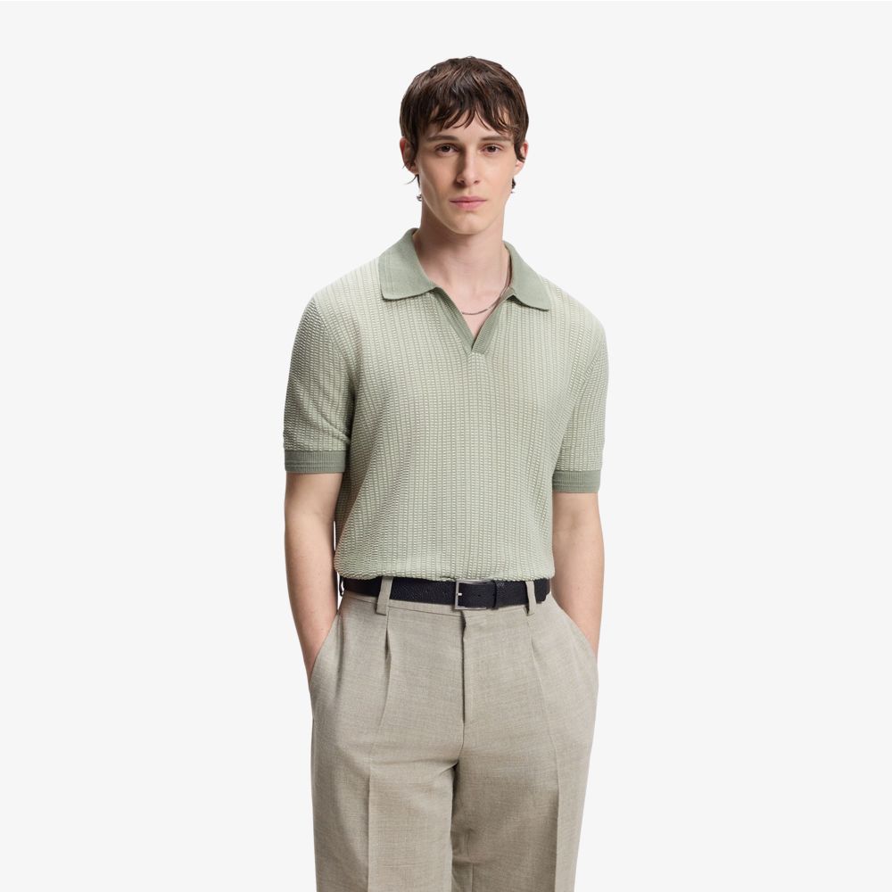 HUGO - Áo len cổ bẻ bằng chất liệu cotton và lanh.
