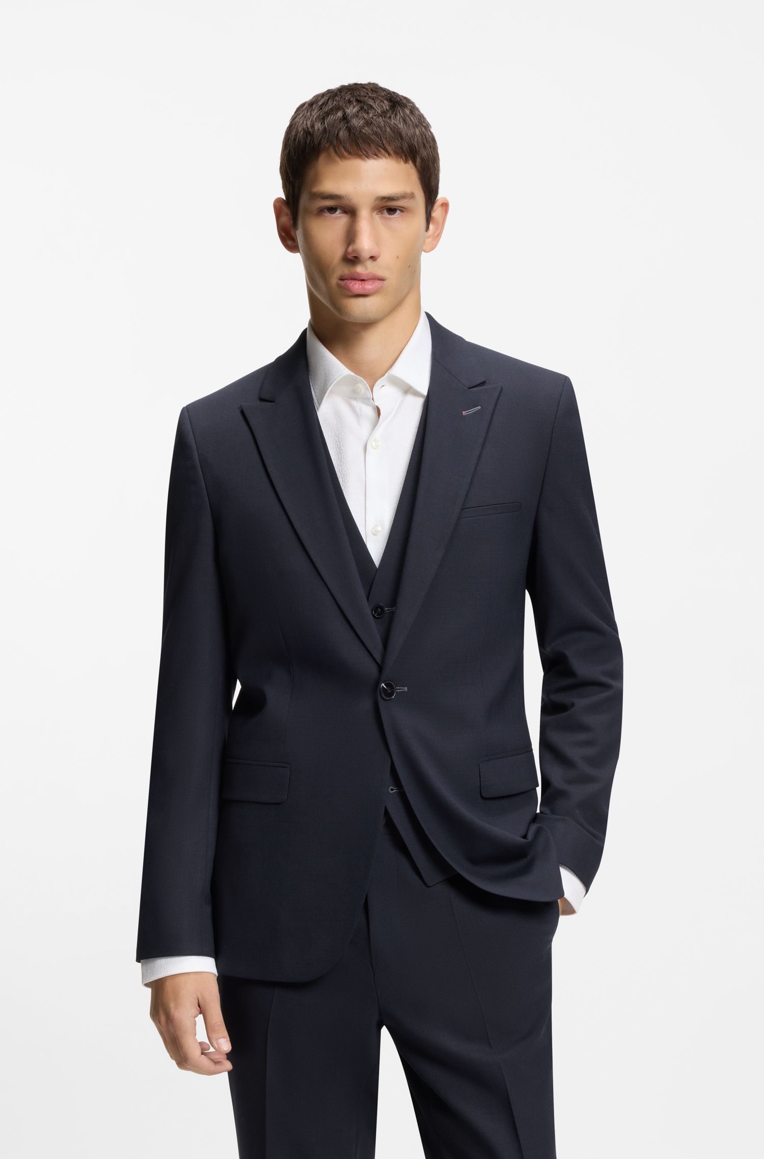 Bộ vest ba mảnh extra-slim-fit vải dệt dobby co giãn