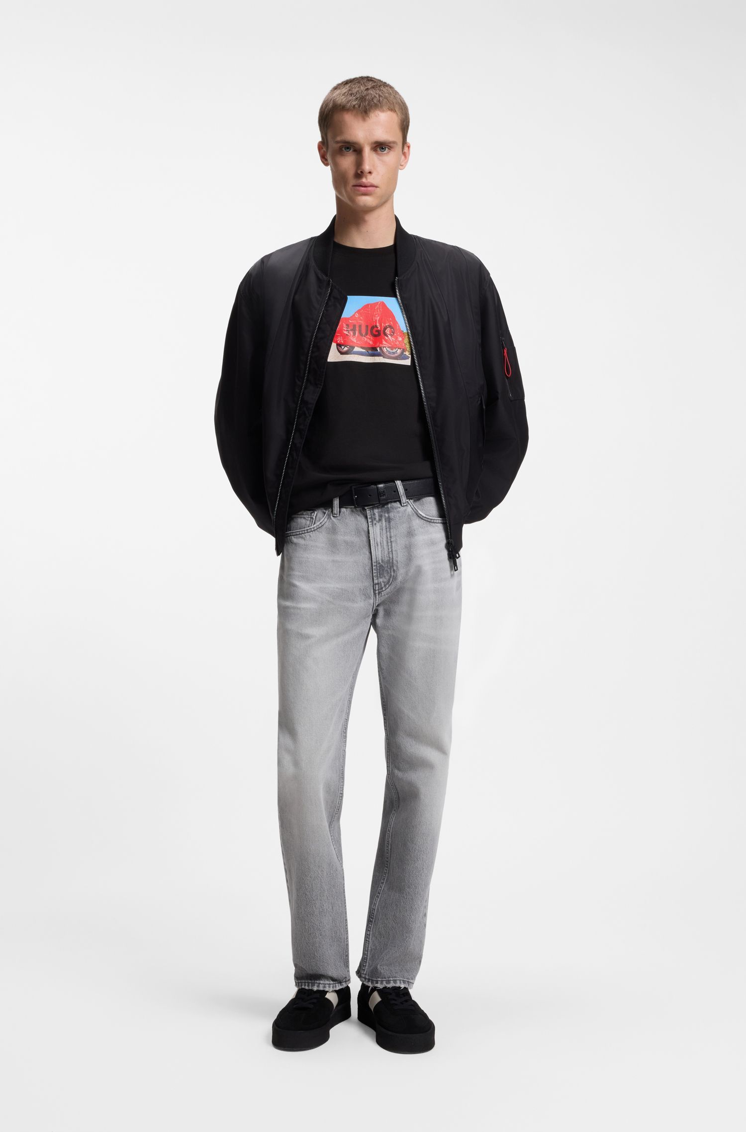 HUGO - Áo thun cotton jersey với họa tiết phong cách biker