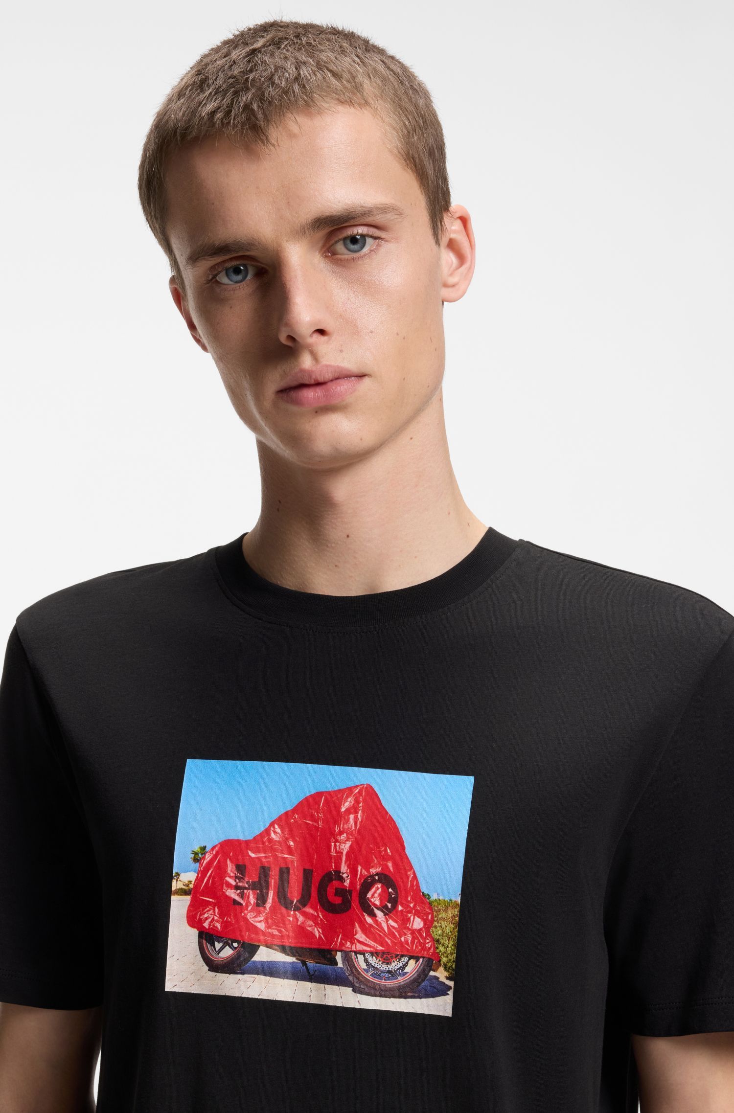 HUGO - Áo thun cotton jersey với họa tiết phong cách biker