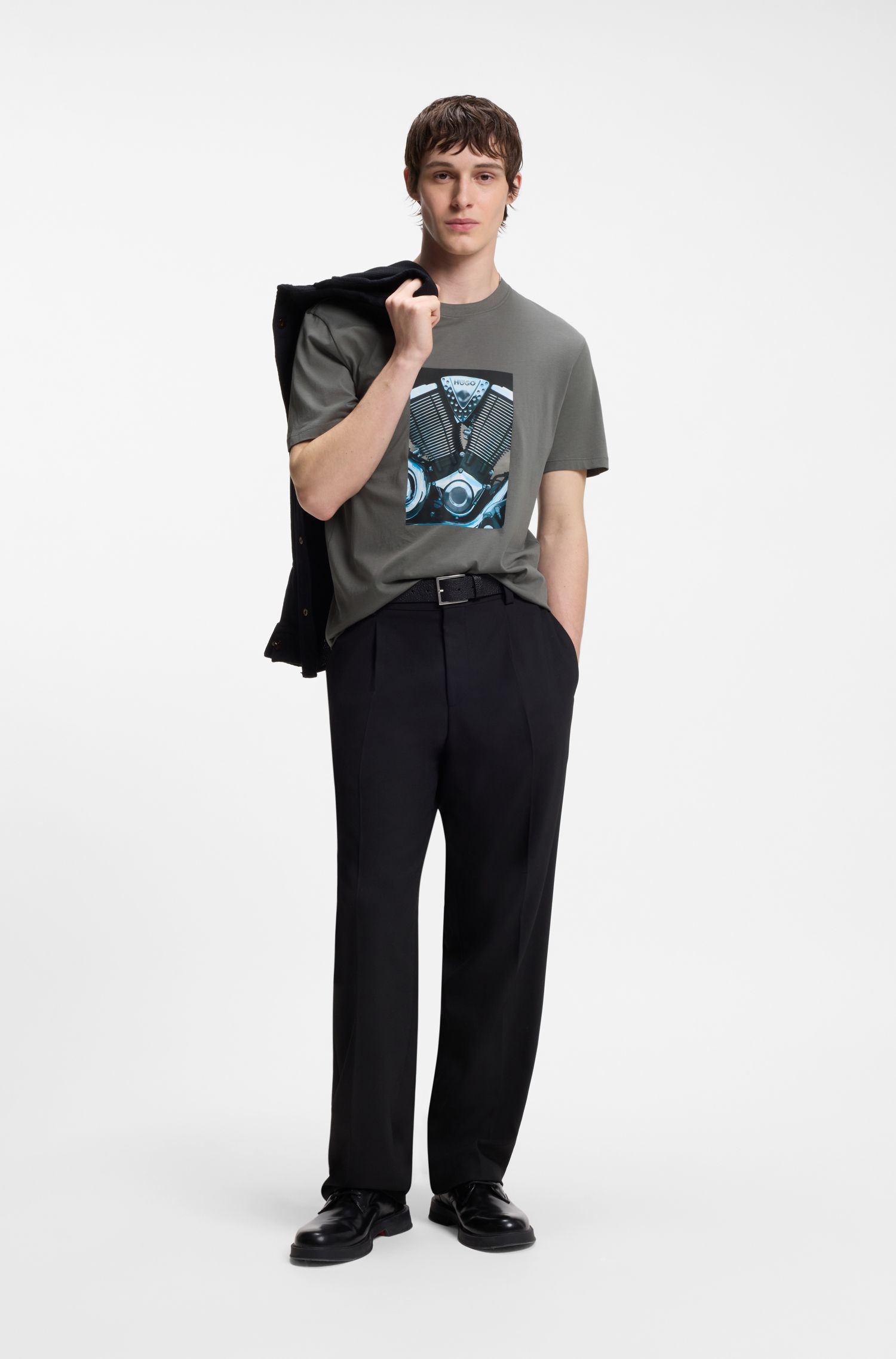 HUGO - Áo thun cotton jersey với họa tiết phong cách biker