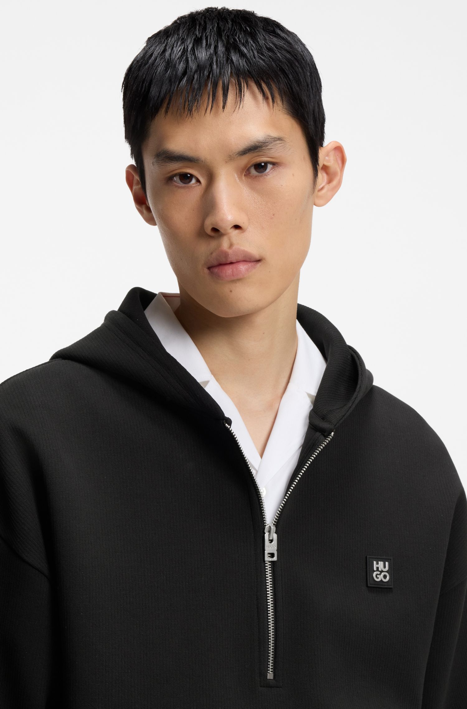 HUGO - Áo hoodie cổ khóa kéo bằng cotton pha có cấu trúc