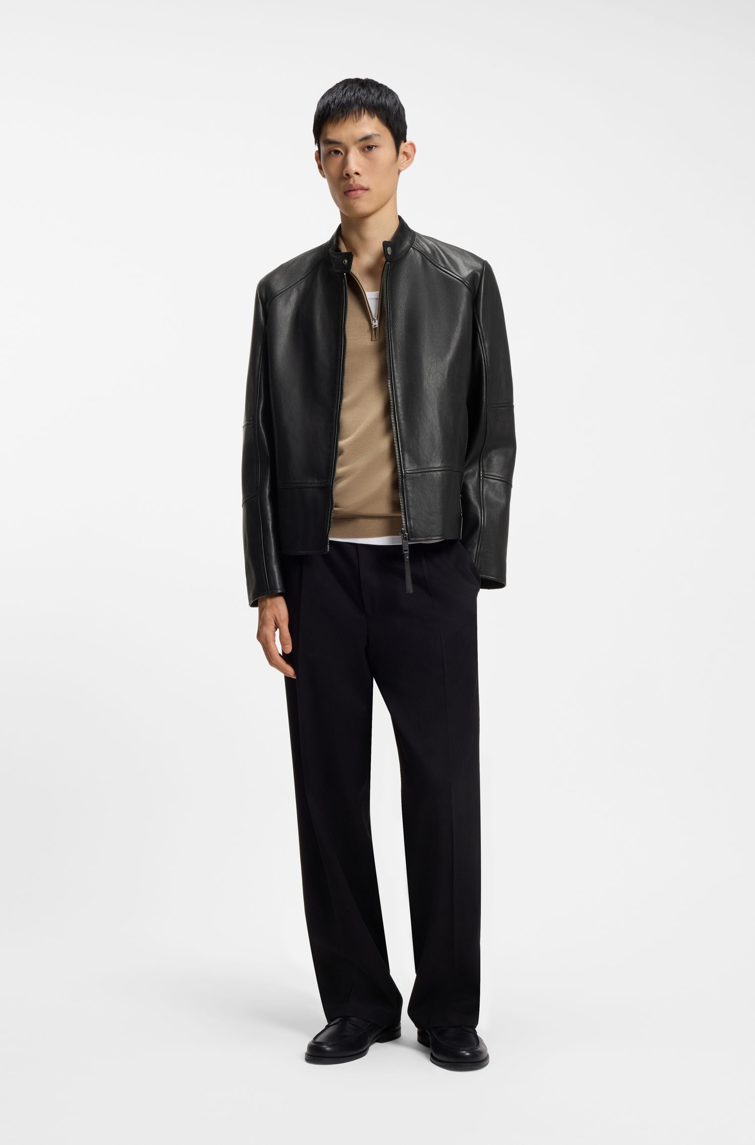HUGO - Áo khoác racer da trơn slim fit