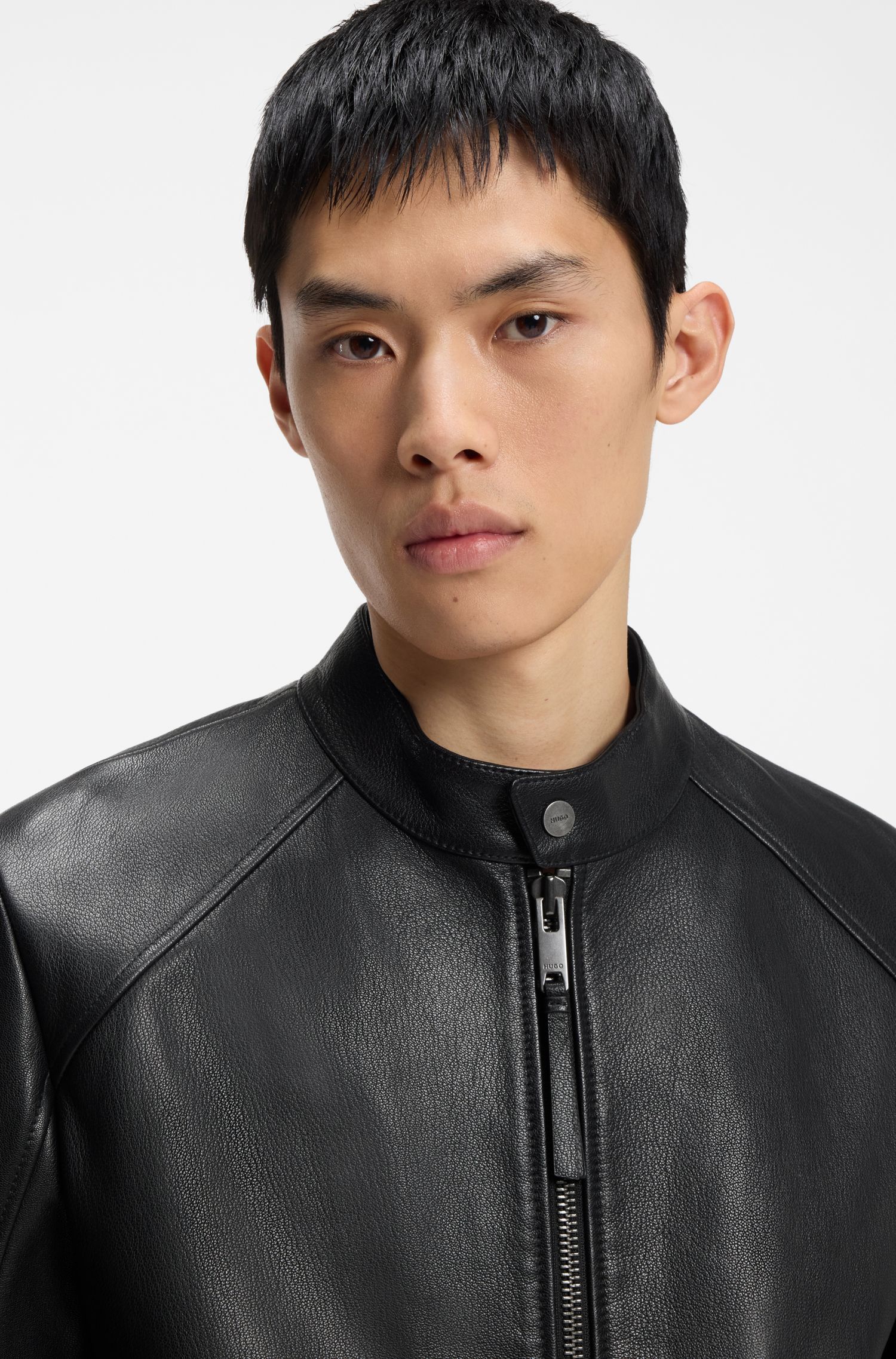 HUGO - Áo khoác racer da trơn slim fit