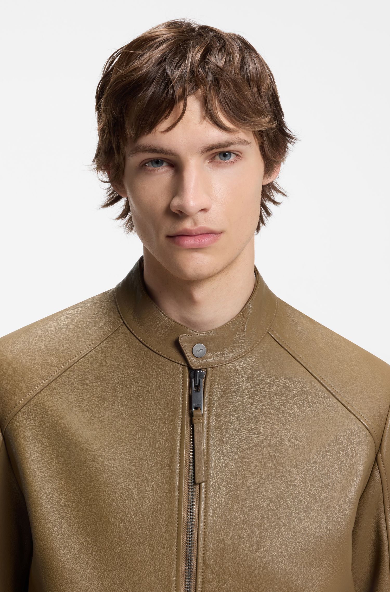 HUGO - Áo khoác racer da trơn slim fit