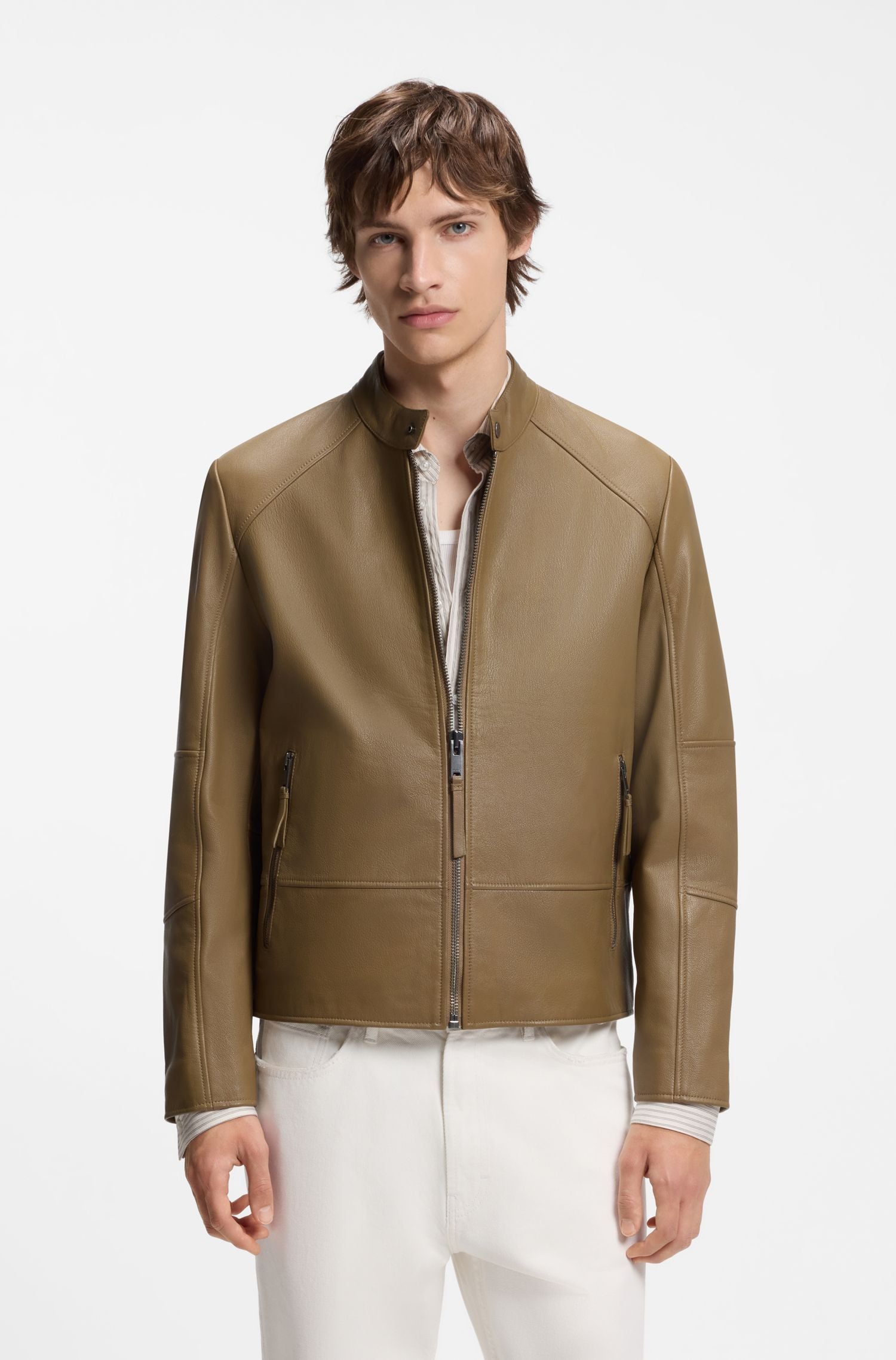 HUGO - Áo khoác racer da trơn slim fit